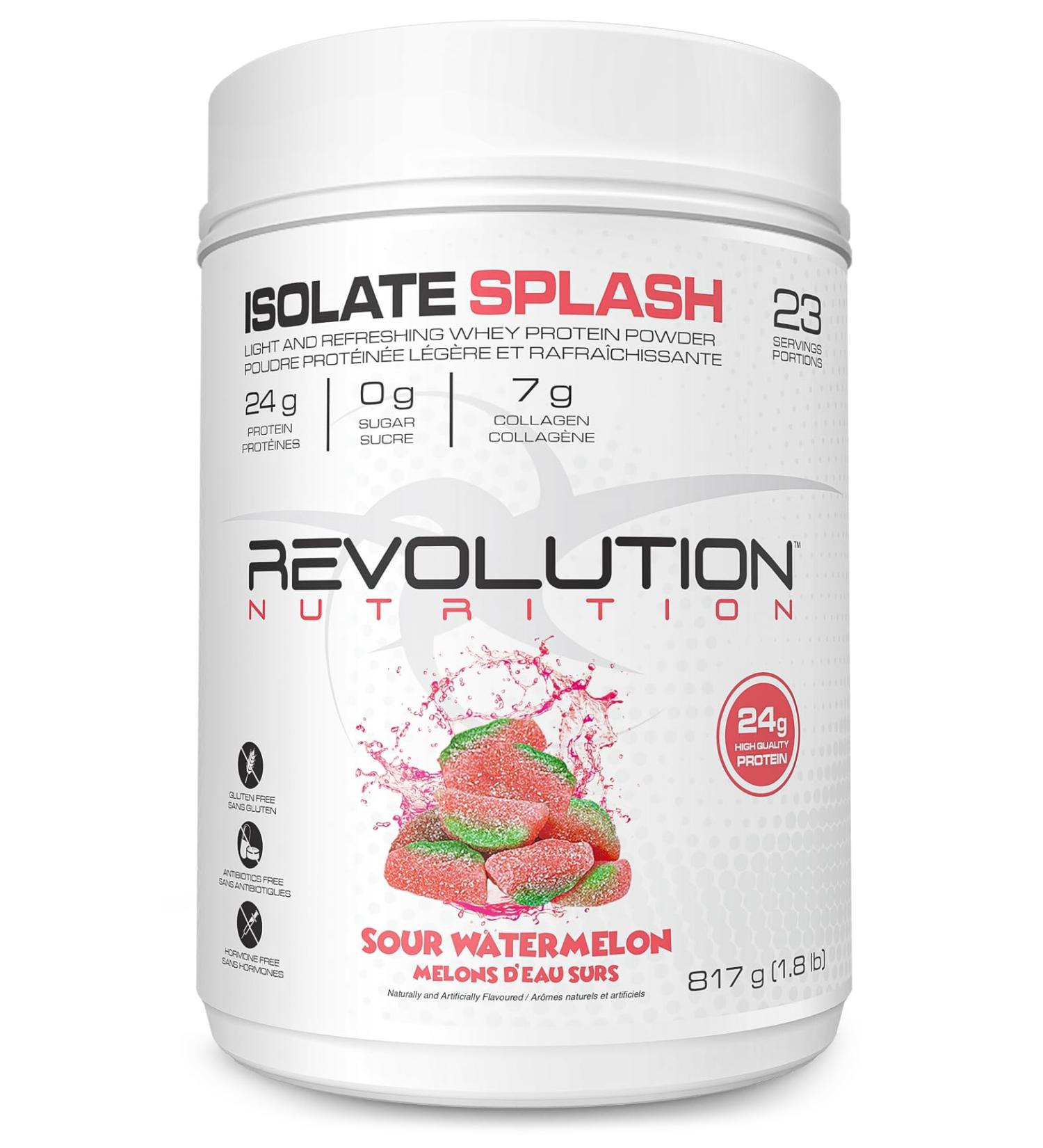 Revolution Nutrition Isolate Splash Clear Whey Protein Powder Juice-Type Protein Candy Flavour Collagen 24g Of Protein Per Scoop Zero Sugar 817g 23 Servings (Sour Watermelon 1.8 Pound) Watermelon 23 Servings (Pack of 1) - Buy Online on GoSupps.com