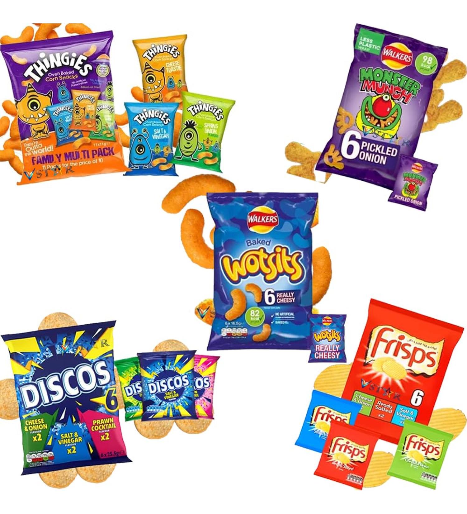Walkers Wotsits Frisps Monster Munch Pickled Onion Rings Thingies Discos Chips Crisps Bags - 5 x Mixed Multipack Chips Bags (35 Mini Chips Bags)