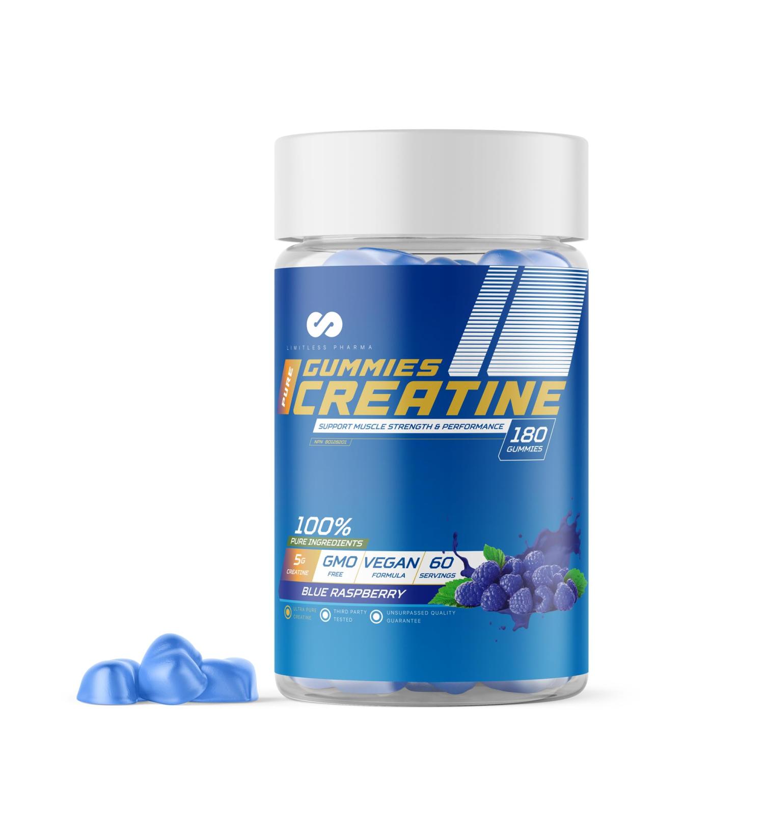 Limitless Pharma Pure Creatine Gummies | 5g Creatine Monohydrate | Increases Muscle Strength Endurance & Performance | Low Sugar GMO Free Vegan | 60 Servings 180 Gummies (Blue Raspberry) - Buy Online on GoSupps.com