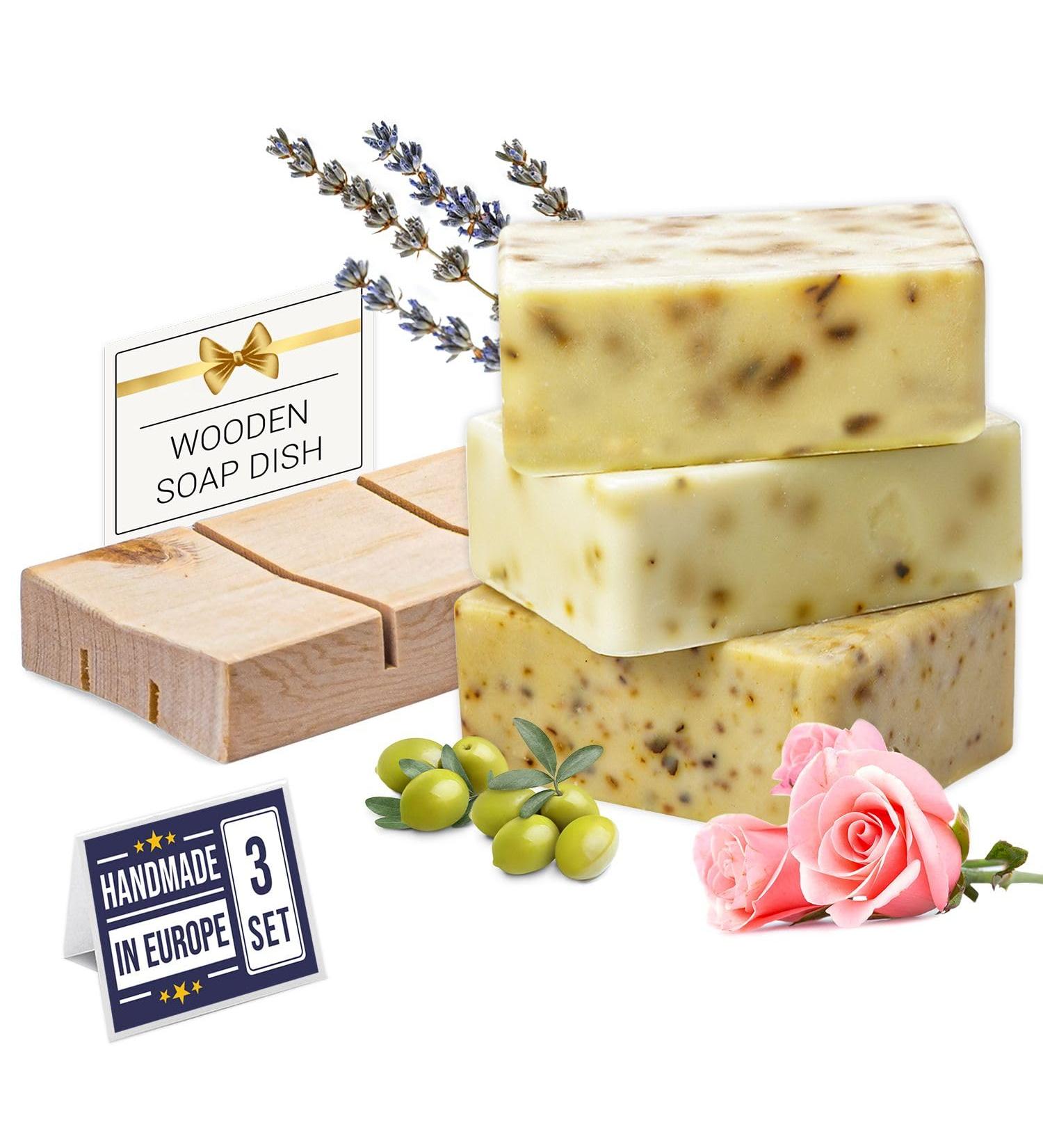 All Natural Handmade Soap Bars Set with Wooden Dish - Rose Lavender & Olive Oil - Eco-Friendly Luxury - Made in Europe - Buy Online on GoSupps.com