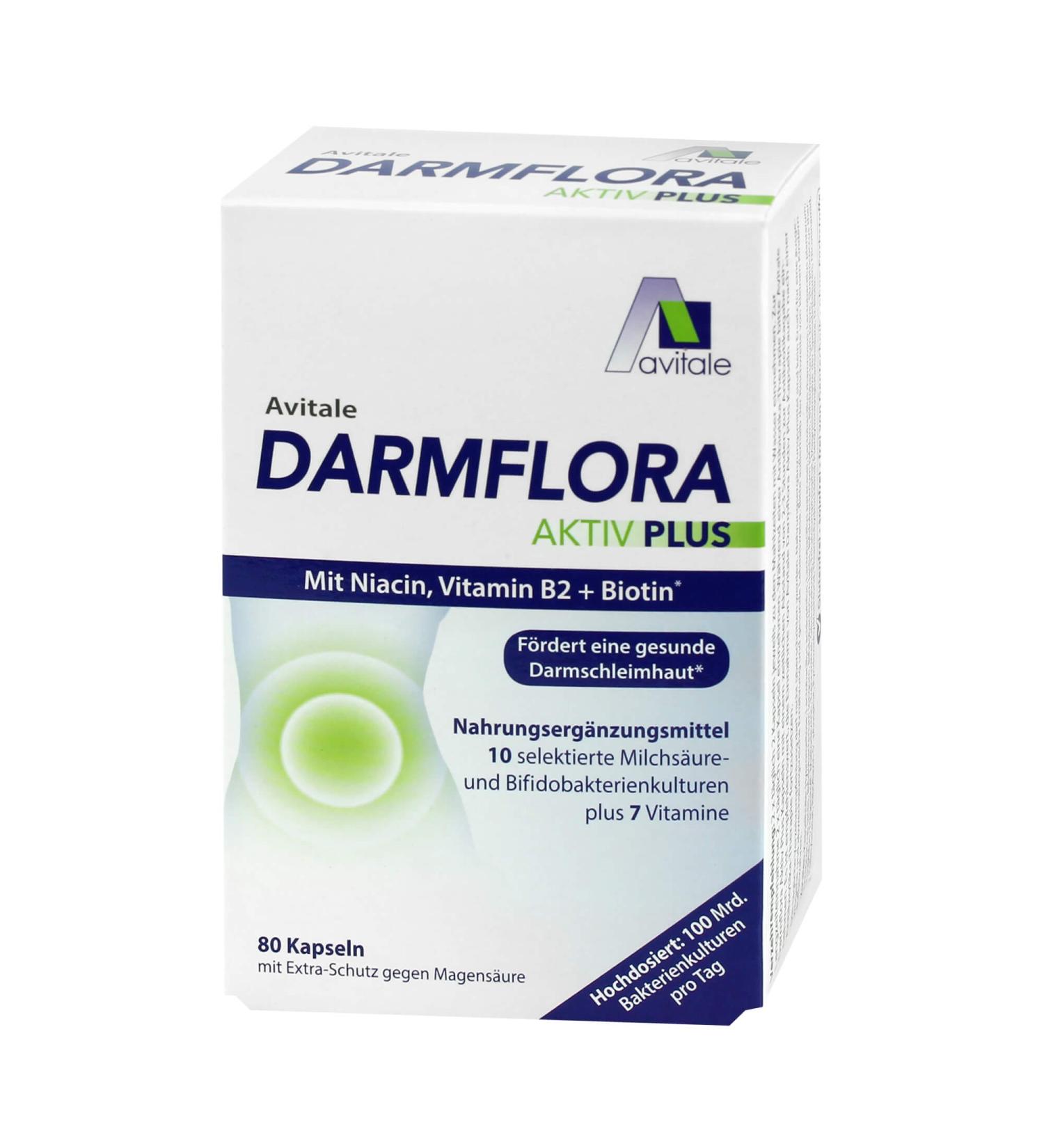 Avital intestinal flora active plus with 100 billion lactic acid and bifidobacteria from 10 selected trunks and vitamin A B1 B2 B6 biotin folic acid & niacin 80 capsules