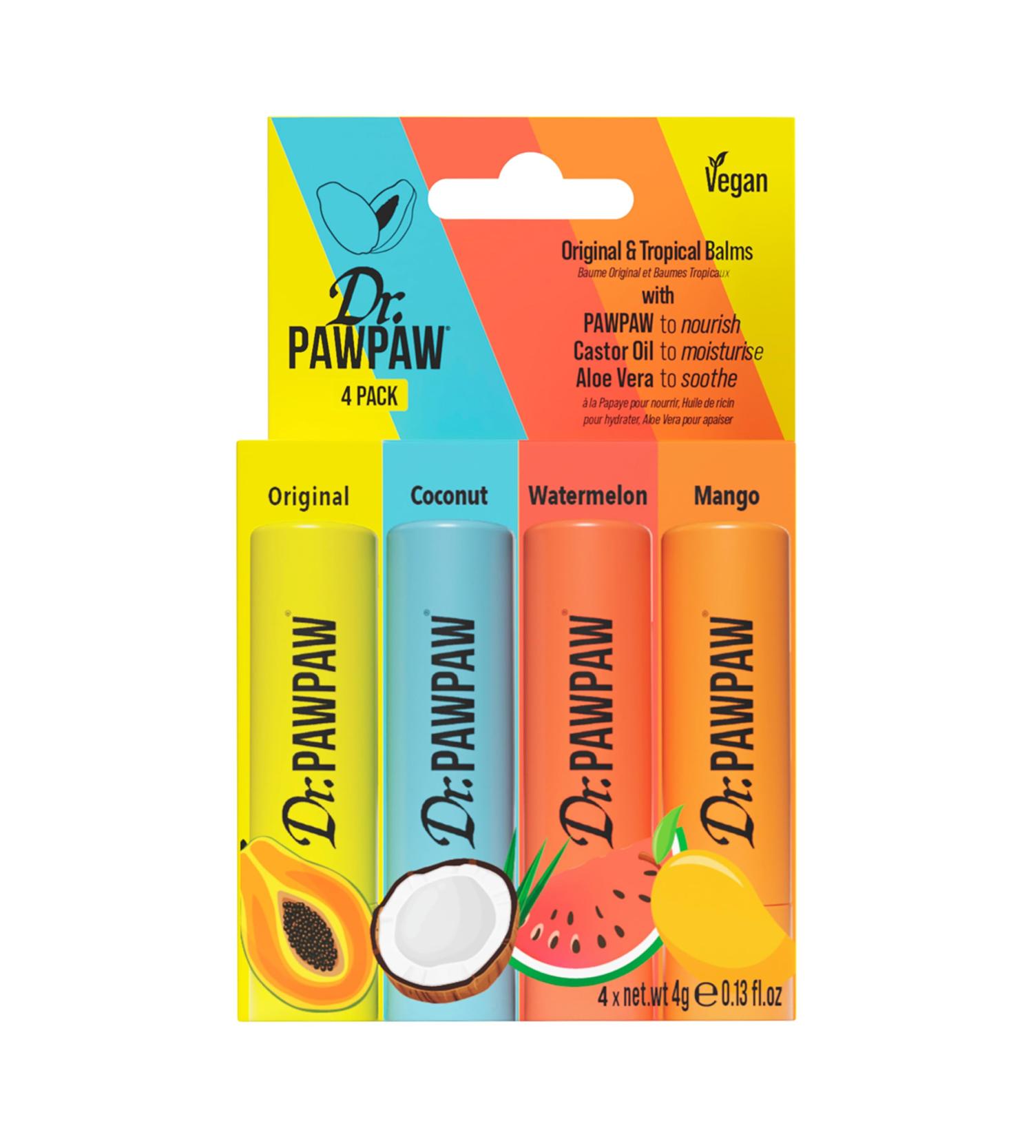 Dr. PawPaw Original and Tropical Balms - Hydrating Lip Balm Moisturizers with Aloe Vera for Deep Nourishment - Castor Oil Enriched - 4 pc Original and Tropical 4 Count (Pack of 1) - Buy Online on GoSupps.com