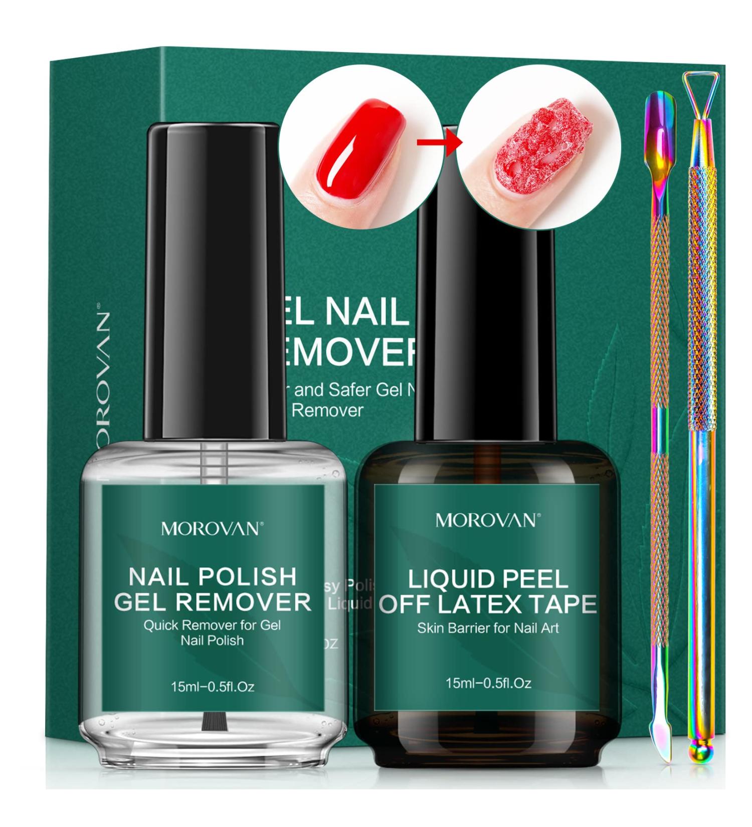 Morovan Gel Nail Polish Remover Kit - Non-Acetone Formula with Latex Tape | Professional Easy Soak-Off UV Gel Polish Remover - 15ml - Buy Online on GoSupps.com