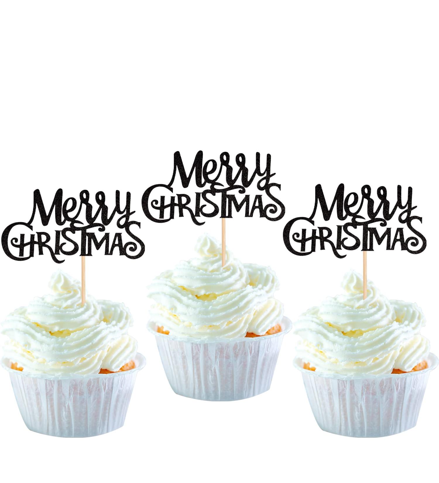 Pack of 24 Merry Christmas Cupcake Toppers Glitter Merry Christmas Cake Toppers Merry Christmas Xmas Theme Party Cake Decorations Accessories Black Colour 5 - Buy Online on GoSupps.com