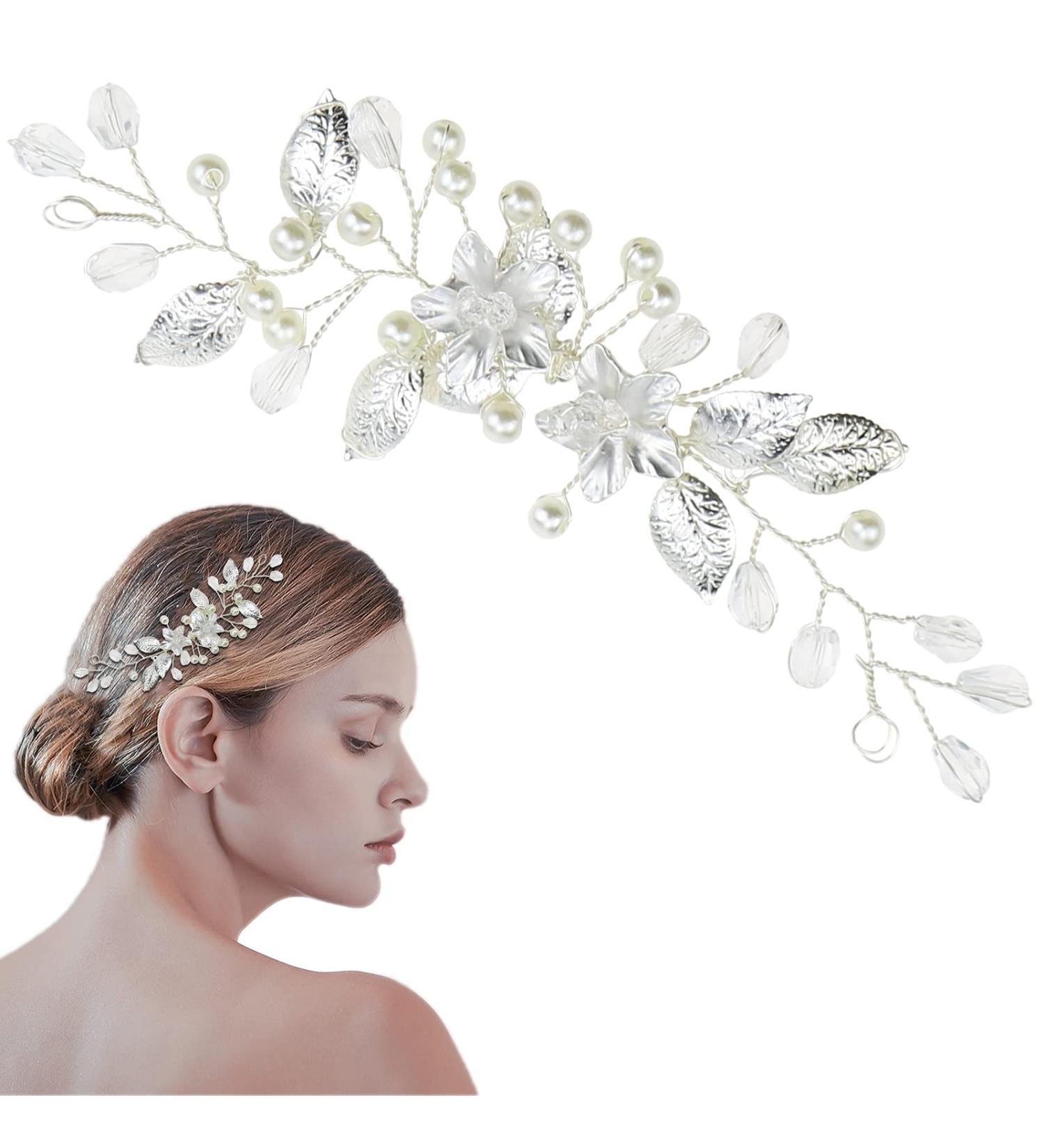 DonLeeving Bride Wedding Hair Vine Silver Bridal Flower Headband Leaf Hair Dress Pearl Hair Accessories for Women and Girls 15cm x4.5cm - Buy Online on GoSupps.com