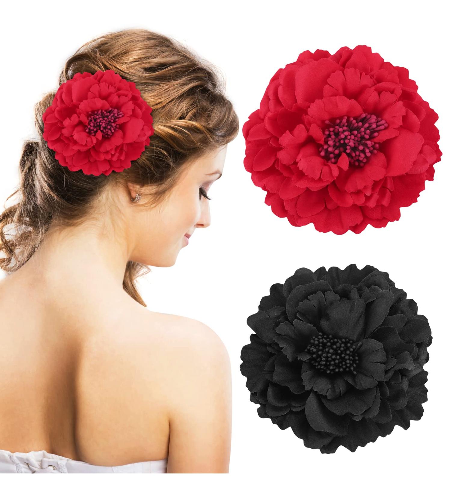 PROUSKY Flower Hair Clip Large Fascinator Peony Hairpin Artificial Flower Brooch Hairpins Vintage Rose Red Hair Barrette Accessories for Women Girls Party Beach Wedding Red and Black - Buy Online on GoSupps.com