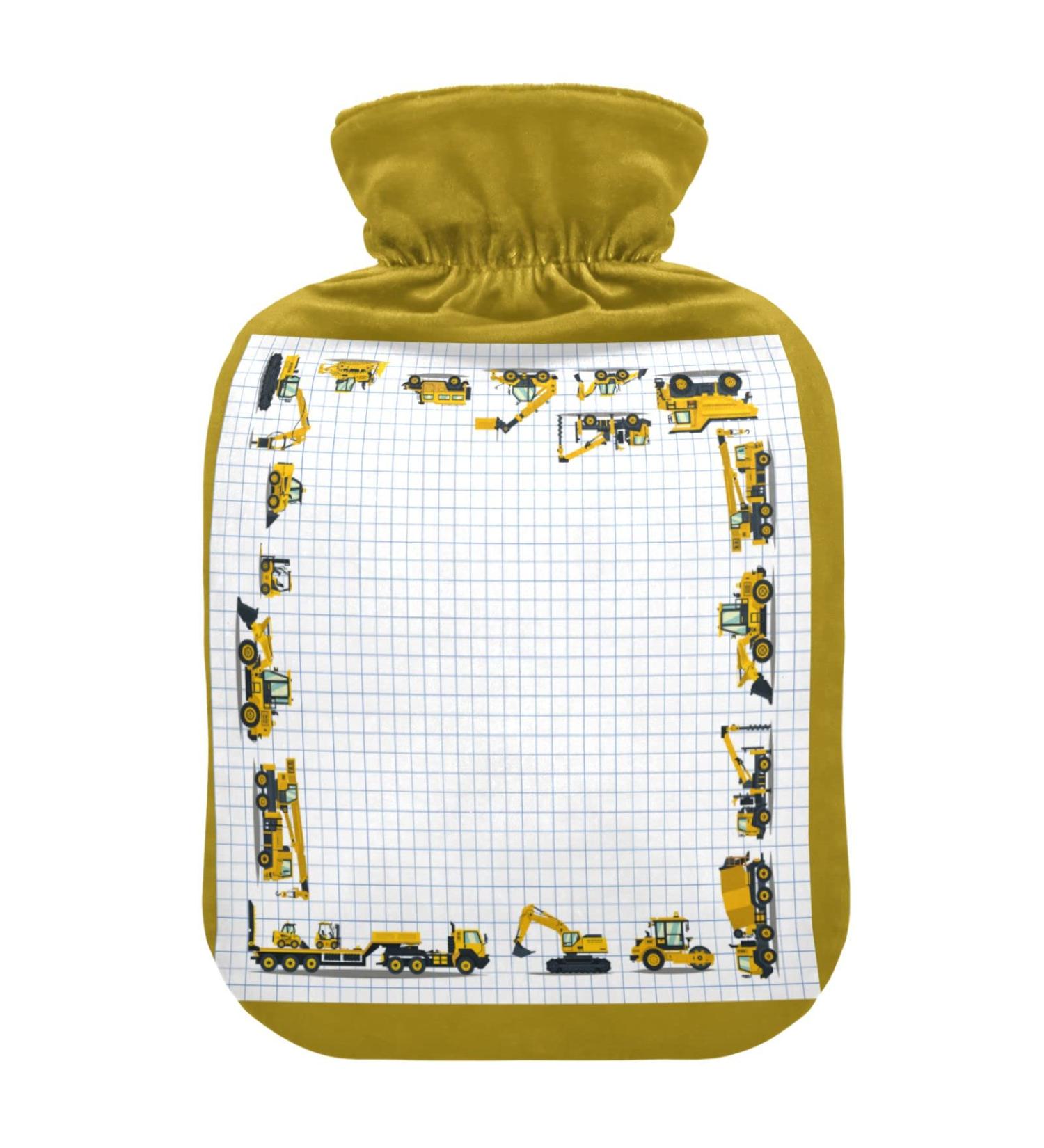 Heat bottle with reference 1 l of durable warm-up bag for hand feet shoulder and neck pain cramps heating press and heat therapy patterns of yellow excavators trucks cars cartoon grids