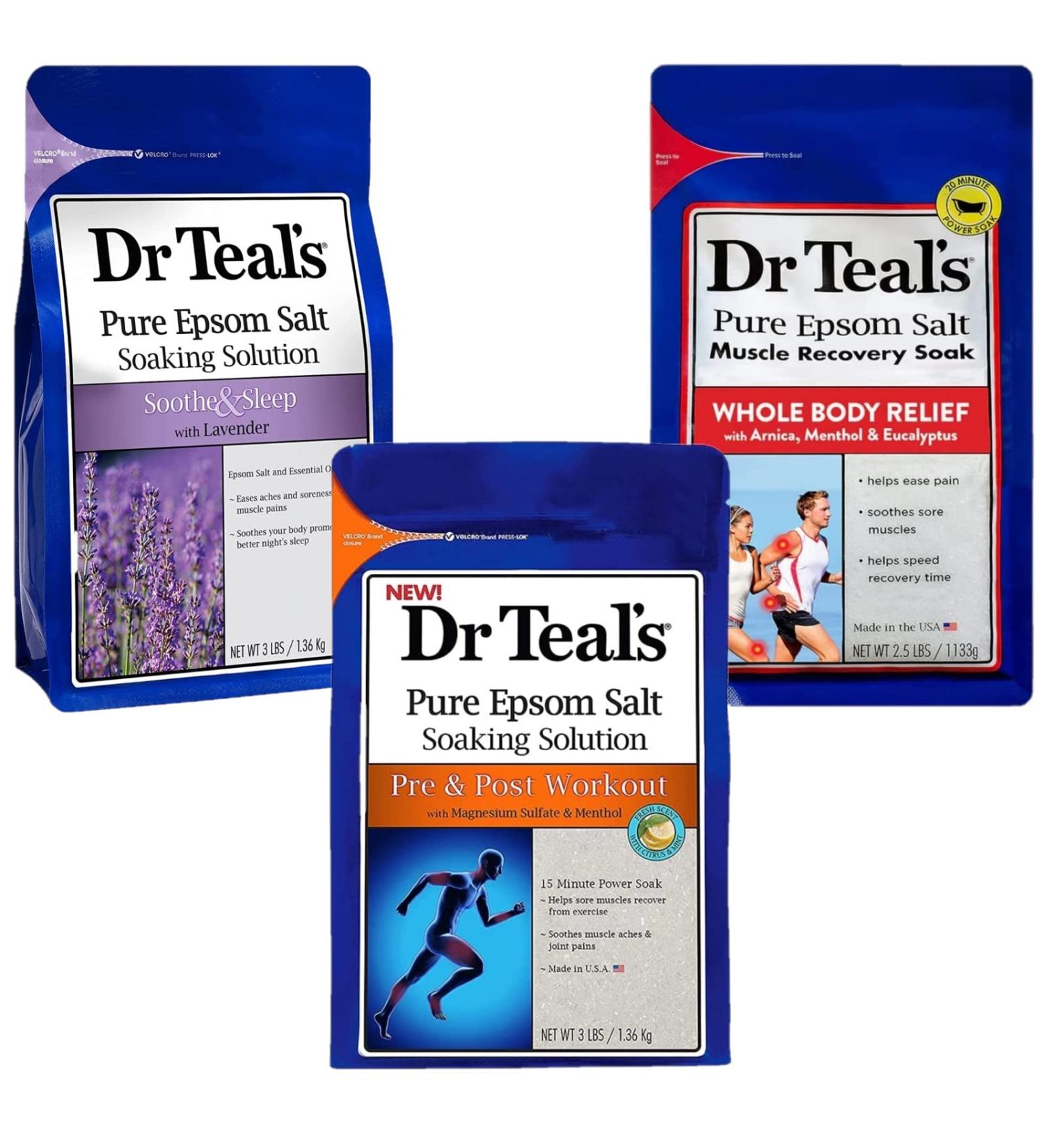 Dr. Teal's Pure Epsom Salt Soak Pain Relief Gift Set - 3 Pack (8.5lbs Total) - Lavender, Menthol, Arnica - Ease Body Pain - Buy Online on GoSupps.com