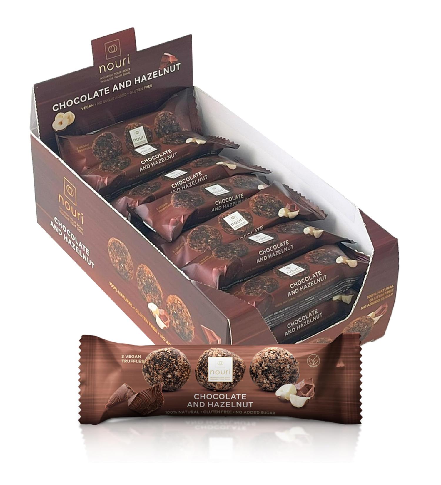 nouri Chocolate and Hazelnut balls Vegan Gluten Free No Added Sugar (display box of 21 packs of 3 balls) 630 gms - Buy Online on GoSupps.com