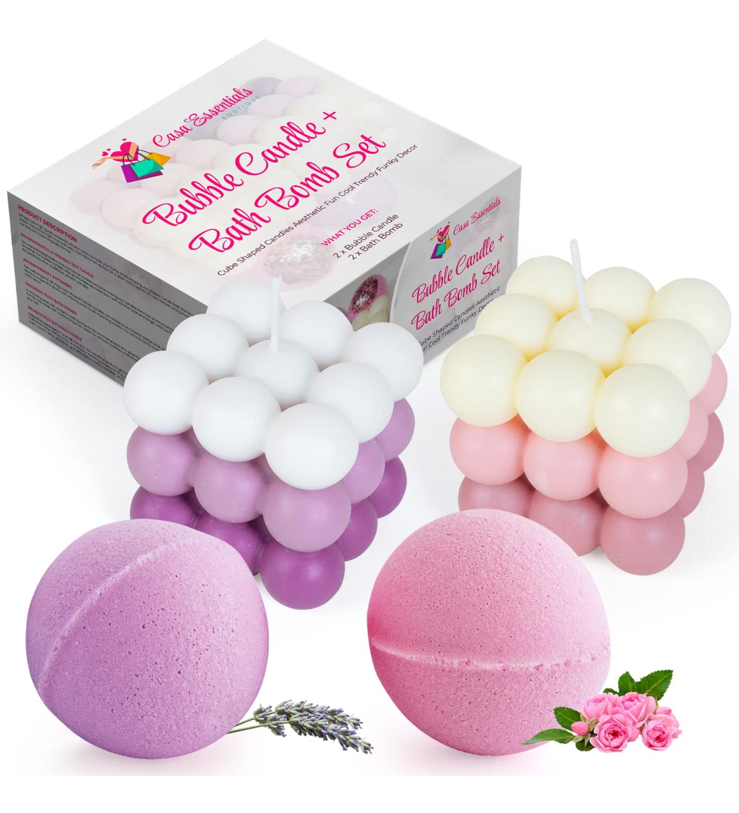 Pink & Purple Bubble Candle with Bath Bombs Set for Women - 2 Decorative Cube Candles & Bathbomb Gift Set - Buy Online on GoSupps.com