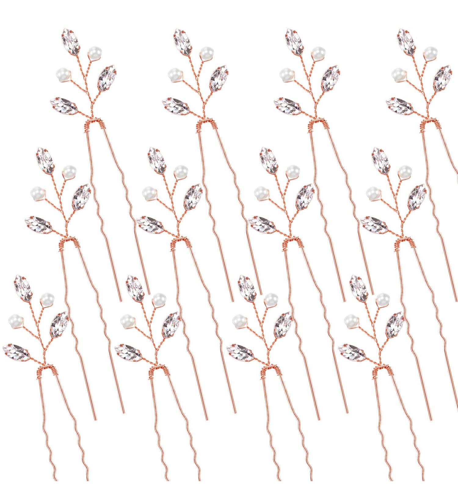 12-Piece Rose Gold Crystal Bridal Hair Pins Set for Wedding Party - Pearl Hair Accessory for Bride, Flower Girls, Bridesmaids - Buy Online on GoSupps.com