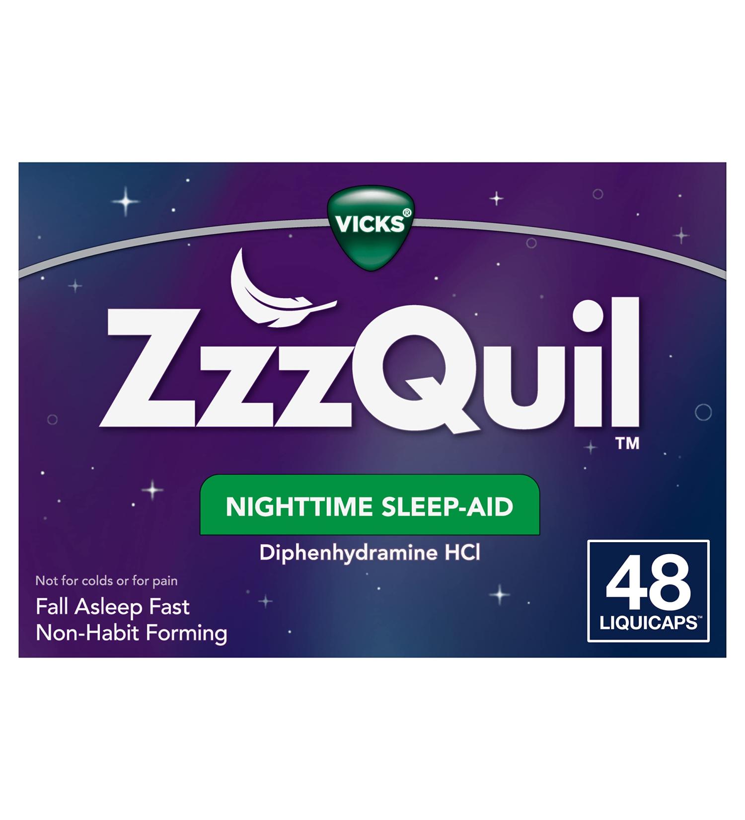 ZzzQuil Nighttime Sleep Aid LiquiCaps 25mg Diphenhydramine HCl - Non-Habit Forming Sleep Aid - 48 Count - Buy Online on GoSupps.com