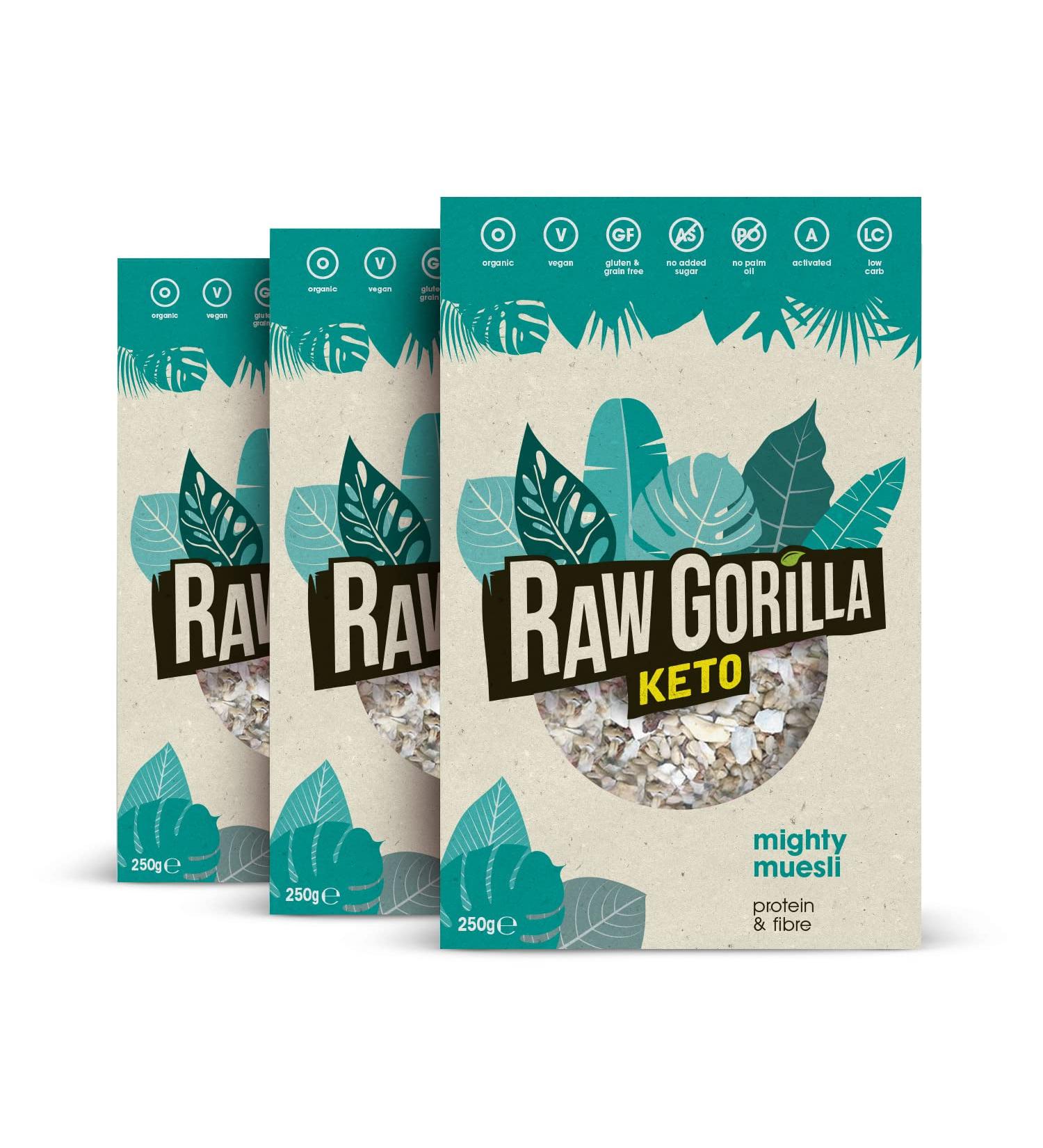 Raw Gorilla Keto Mighty Muesli 3 Packs of 250g | Low Sugar Vegan No Added Sugar Low Carb 4g Net Carbs Plant Based Breakfast Cereal with Activated Nuts Grain & Gluten Free Keto Mighty Muesli 250.00 g (Pack of 3)