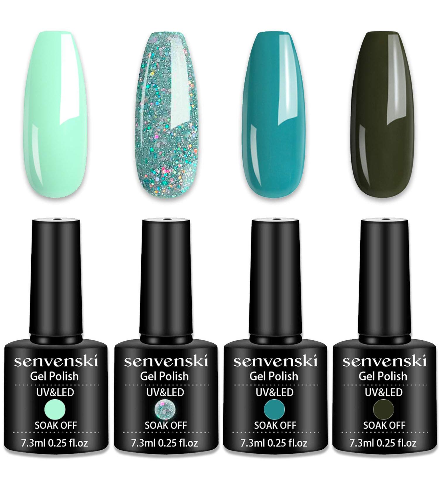 Senvenski Teal Gel Nail Polish Set - Blue Glitter Mint Olive Aqua Green Emerald Turquoise Shimmer - Starrily Sparkle Crystal - Soak Off UV LED Varnish Kit (CS007) - Buy Online on GoSupps.com