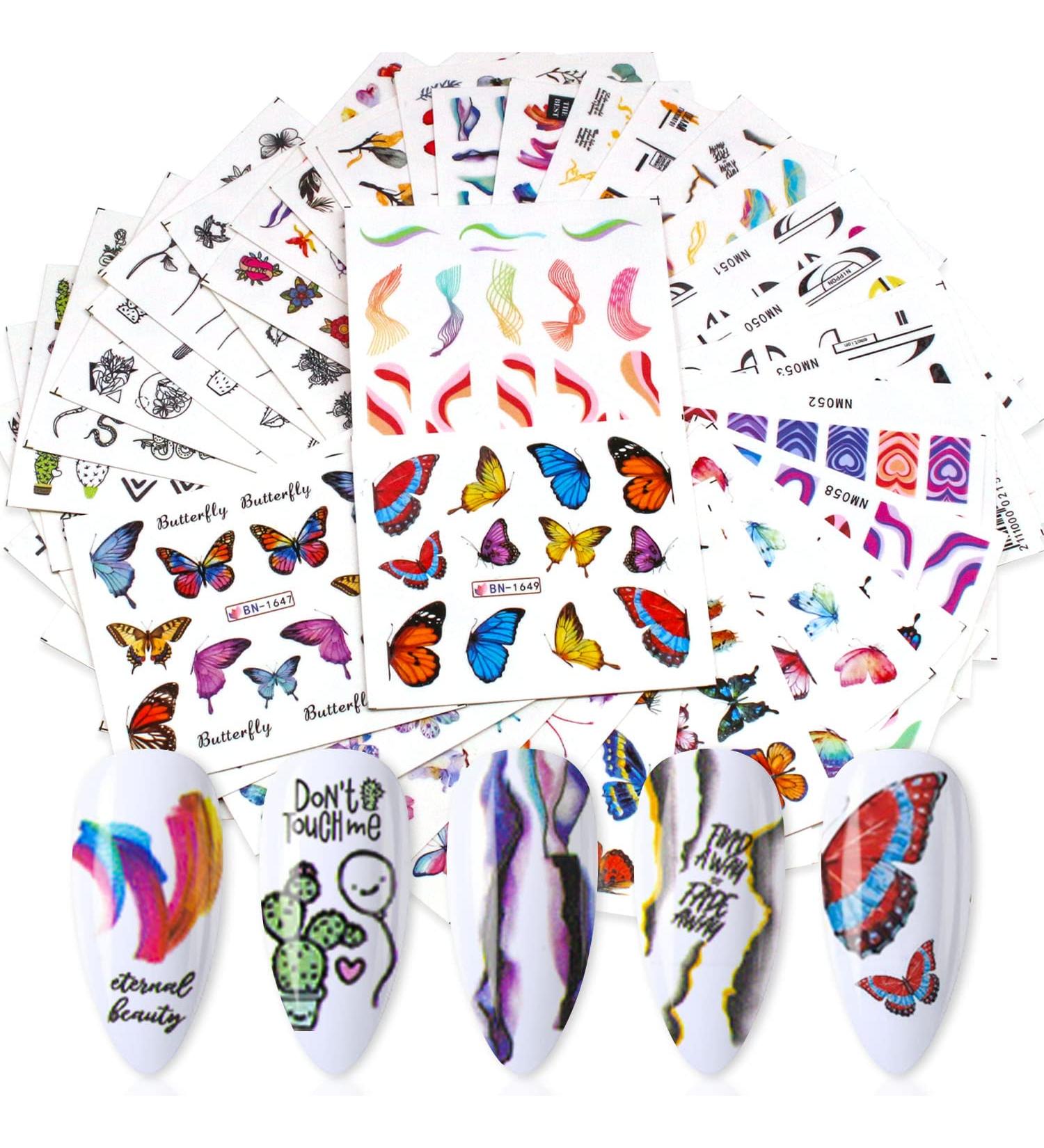 Colorful French Tip Nail Decals - 48 Sheets Butterfly & Stripes Water Transfer Stickers with Tweezers - Buy Online on GoSupps.com