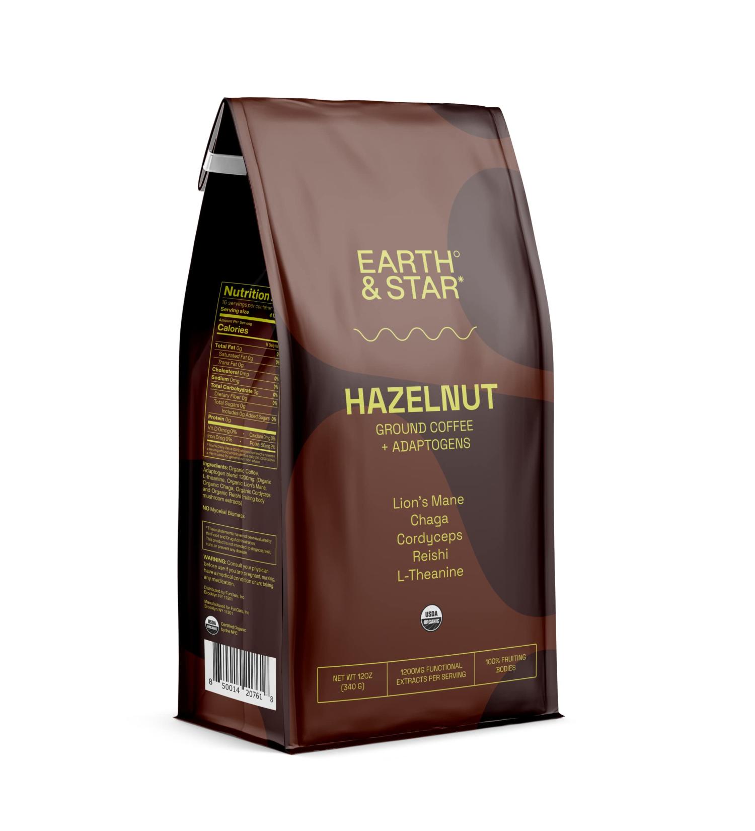 Earth & Star Hazelnut Mushroom Coffee 12oz - Organic Ground Coffee with Lions Mane, Chaga, Cordyceps, Reishi, L-theanine for Immune Support, Energy and Focus - Buy Online on GoSupps.com