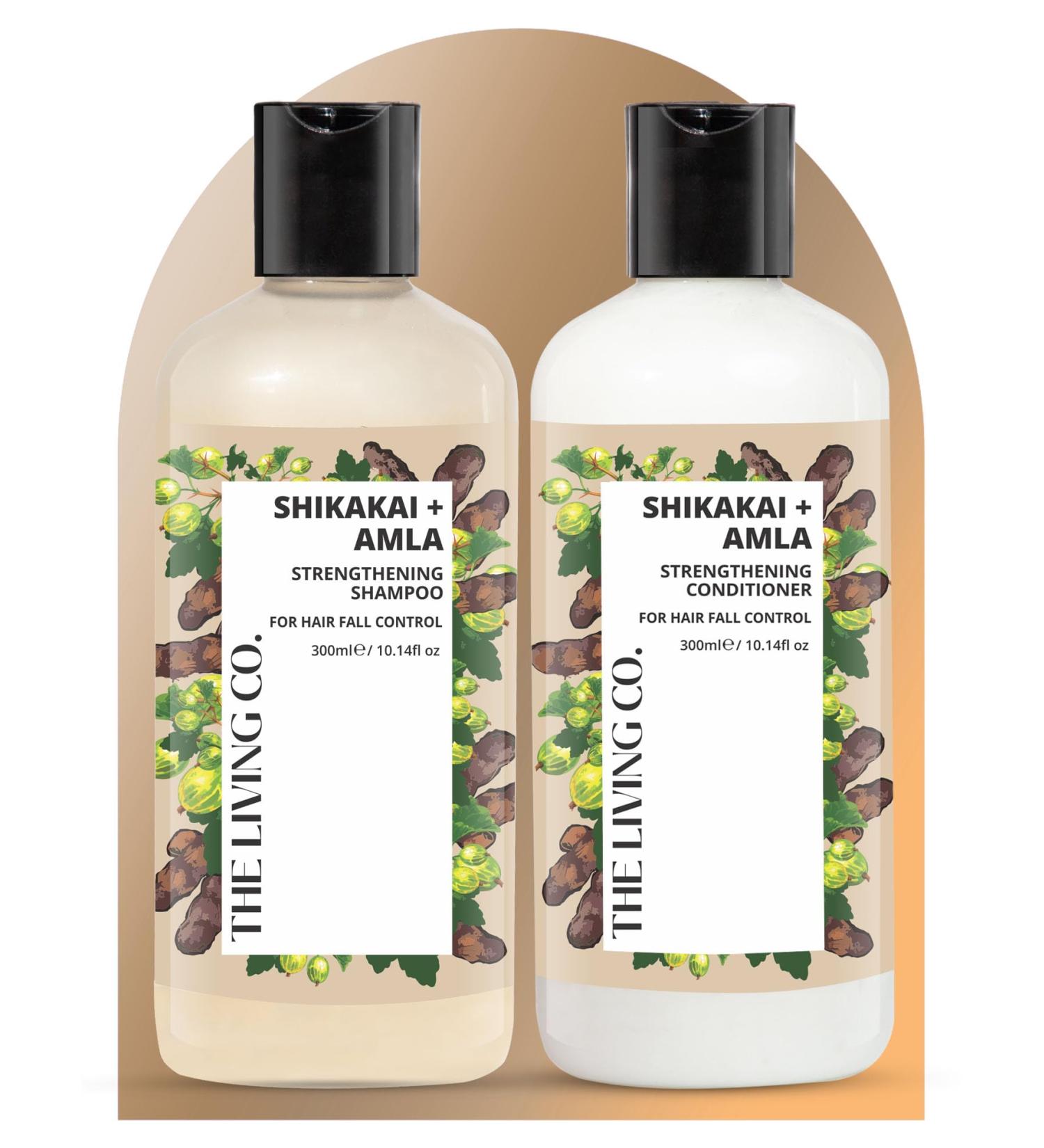 THE LIVING CO Strengthening Shampoo & Conditioner Combo - 600ml with Shikakai & Amla for Hair Fall Control - Best International Shipping - Buy Online on GoSupps.com