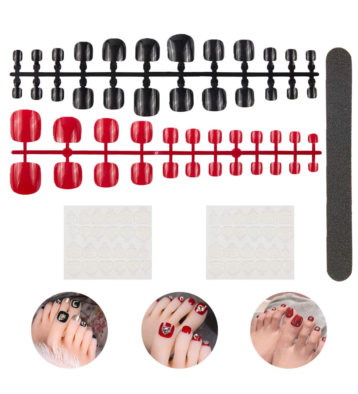 48PCs False Nails Tips Kit - Artificial Fake Toenails & Fingernails with Double-Sided Glue Stickers (Red & Black) | International Shipping - Buy Online on GoSupps.com