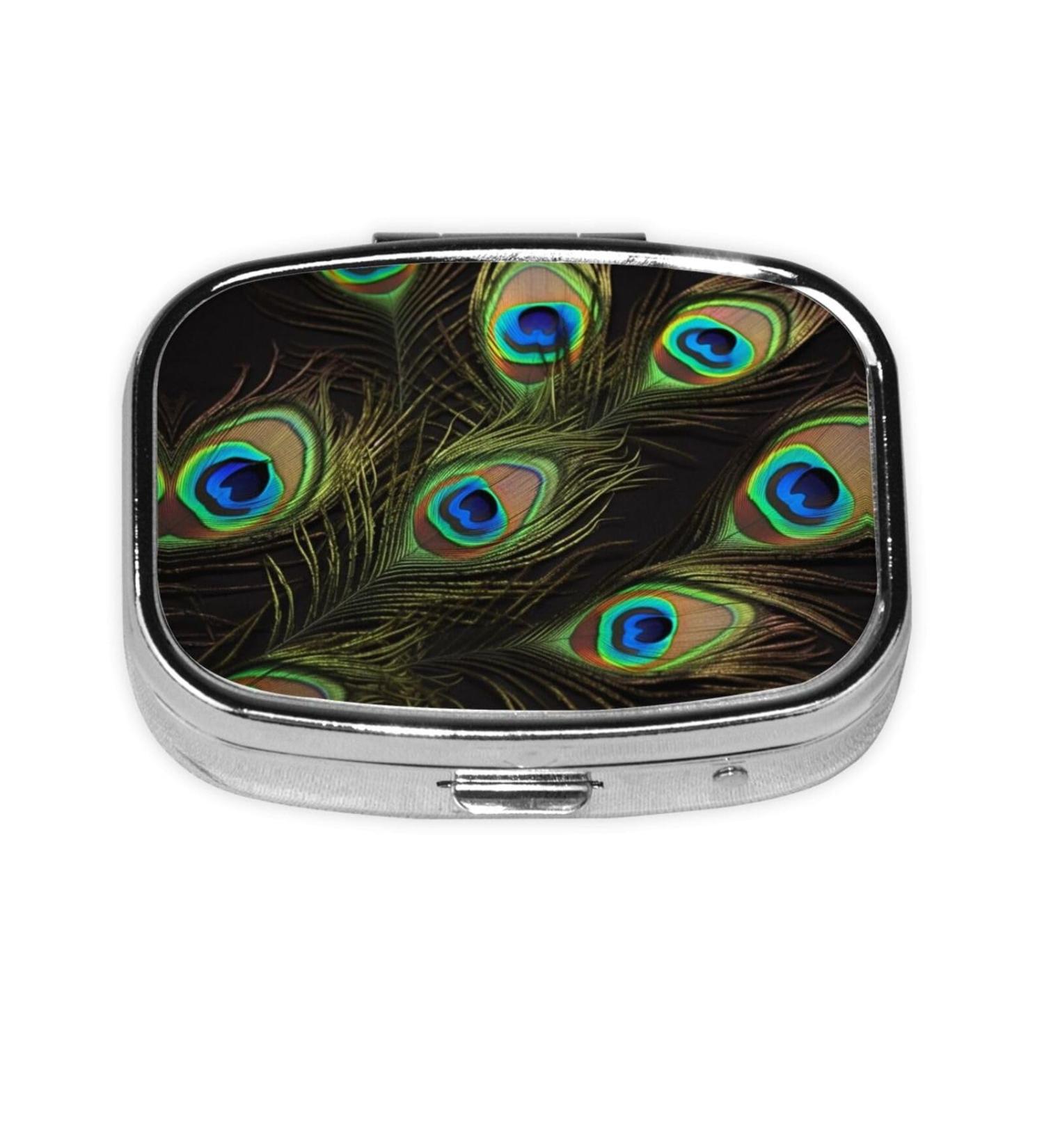 Peacock Feathers Small Pill Case - 2 Compartment Travel Pill Organizer & Cute Purse Gift - Buy Online on GoSupps.com