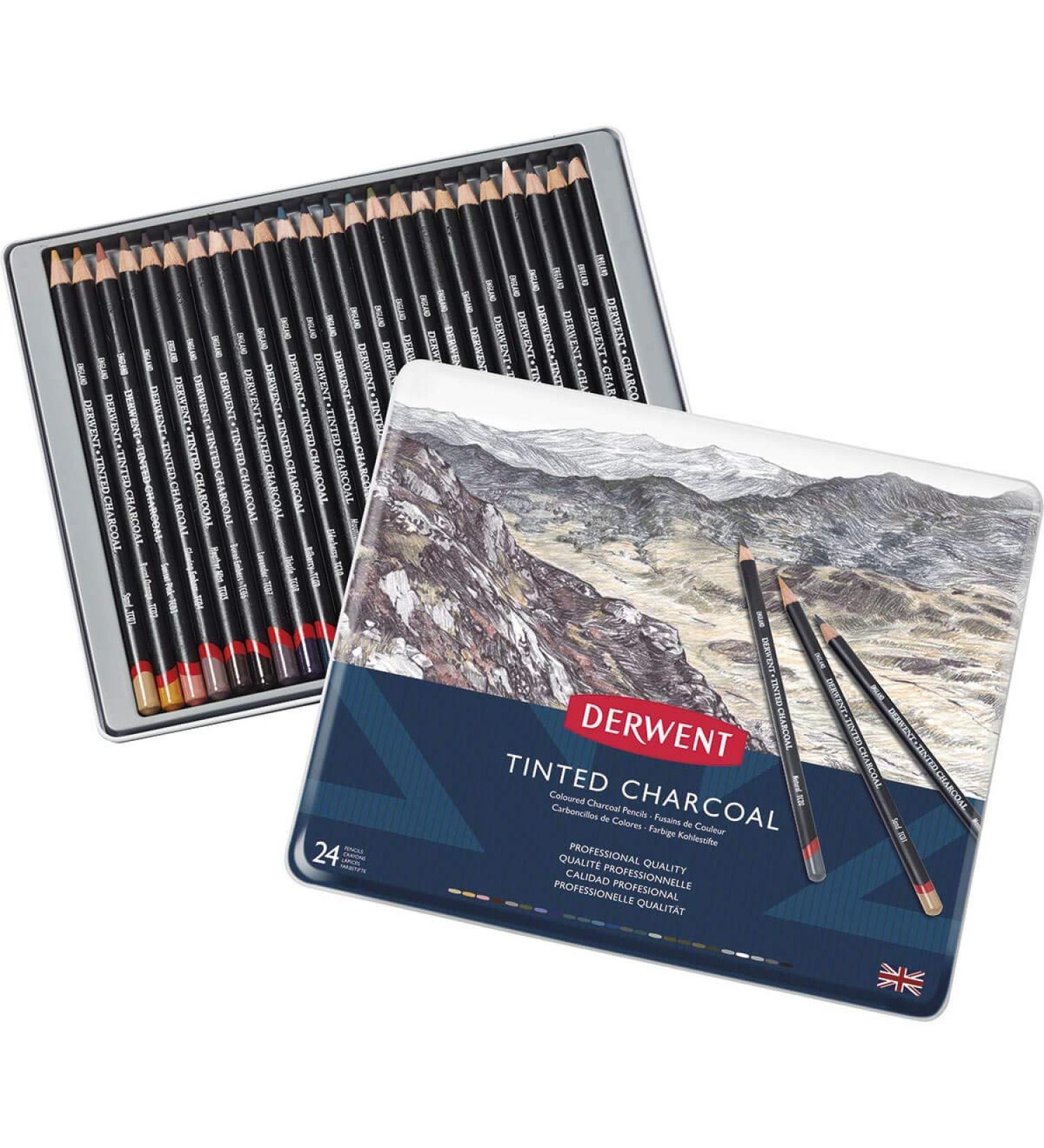 Derwent Tinted Charcoal Pencils 24 Count Metal Tin - 4mm Core - Pack of 24 - Buy Online on GoSupps.com