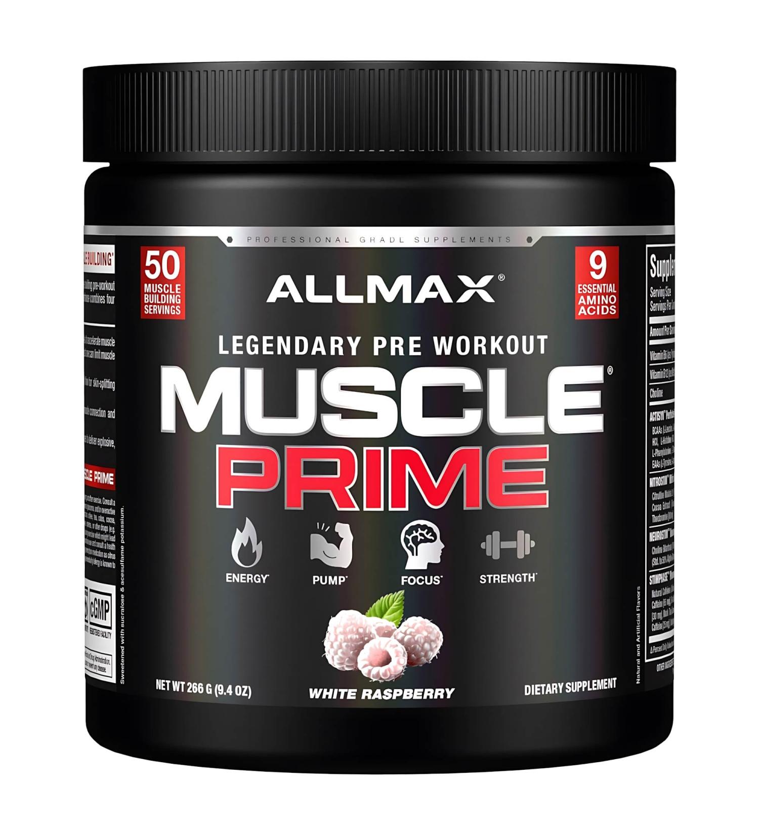 ALLMAX MUSCLEPRIME White Raspberry - 266 g - Advanced Grade Pre-Workout - Boosts Energy & Focus with 9 Essential Amino Acids - Zero Sugar - 50 Servings - Buy Online on GoSupps.com