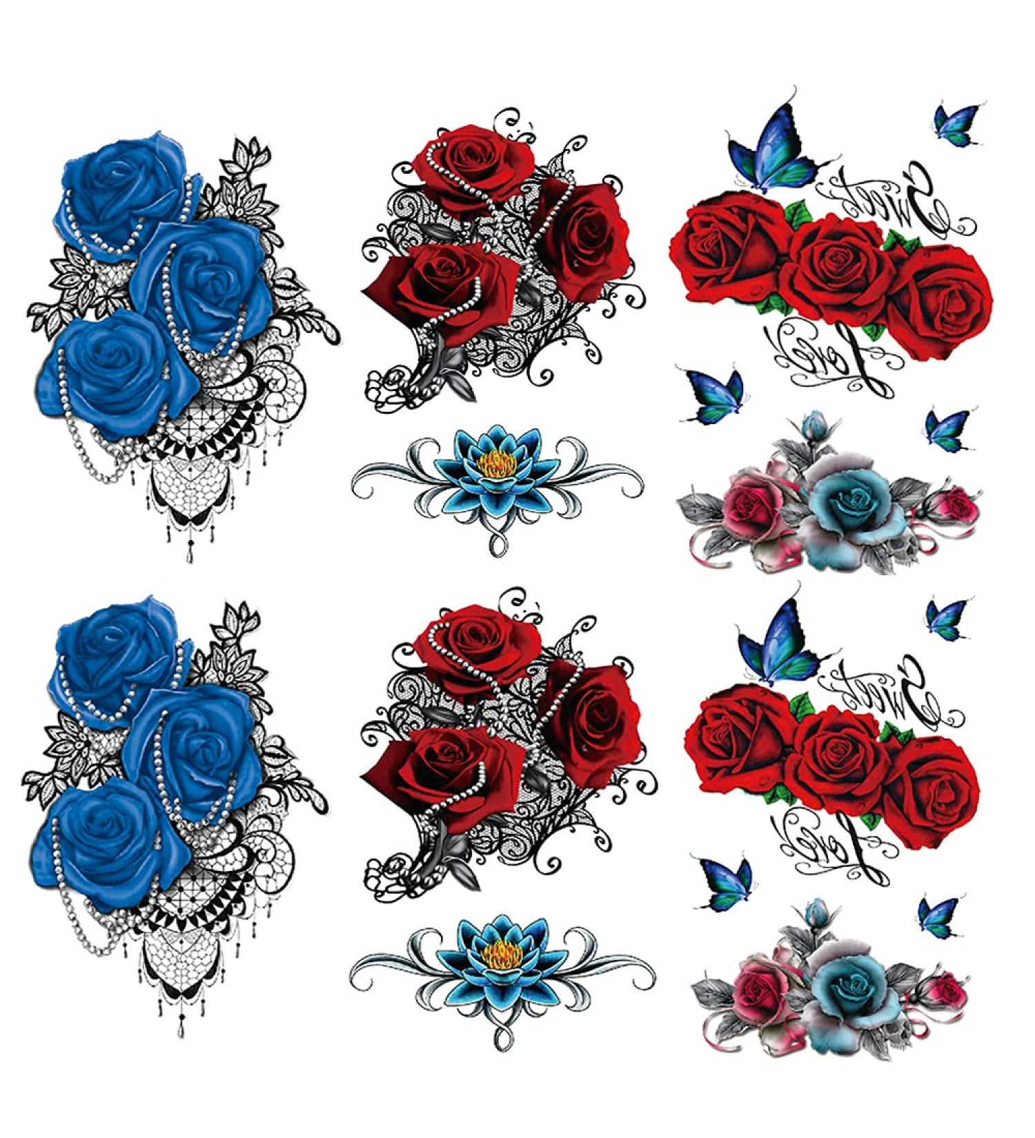 Yesallwas 6 Sheets Rose Temporary Tattoo Sticker - Waterproof Body Art Makeup for Women, Girls, Models - Realistic Arm Tattoos in Blue and Red - Buy Online on GoSupps.com