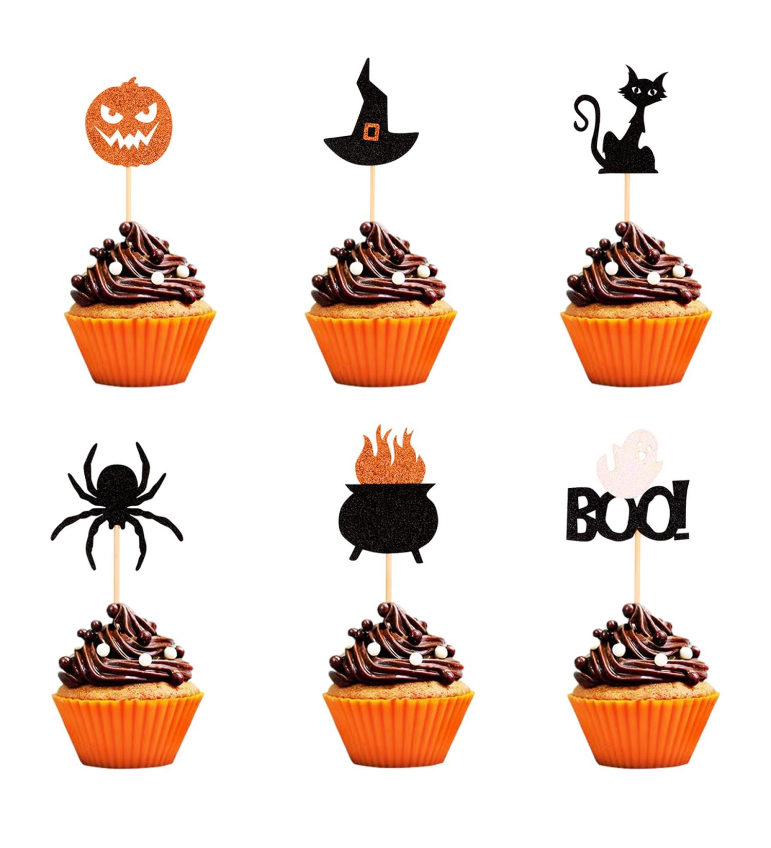 Halloween Cupcake Toppers Black Glitter Bat Spider Pumpkin Design Halloween Cupcake Picks Food Fruit Dessert Cocktail Picks Cake Decorations Holiday Party Supplies (36pcs) - Buy Online on GoSupps.com