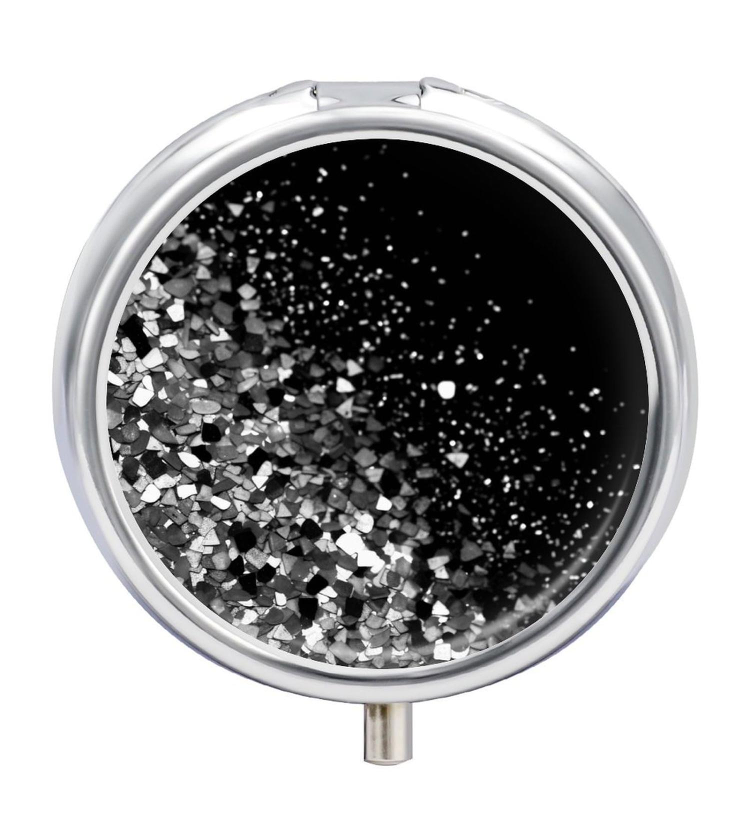 Round Black & White Glitter Pill Box - 3 Compartment Metal Organizer | Portable Decorative Medicine Case - Buy Online on GoSupps.com