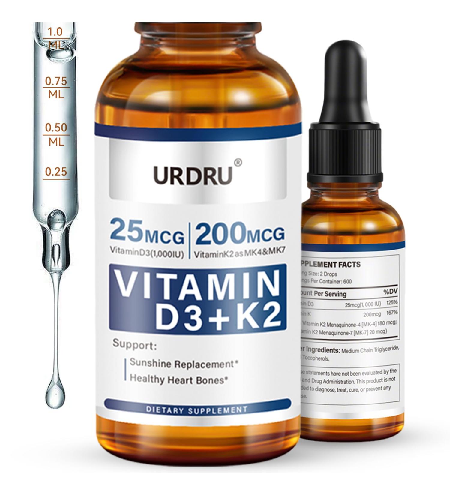 URDRU Organic Vitamin D3 K2 Liquid Drops - 1 Fl Oz Max Absorption 1,000 IU D3 & 200mcg K2 Drops for Immune & Mood, Bone & Teeth Health 30ml - Buy Online on GoSupps.com