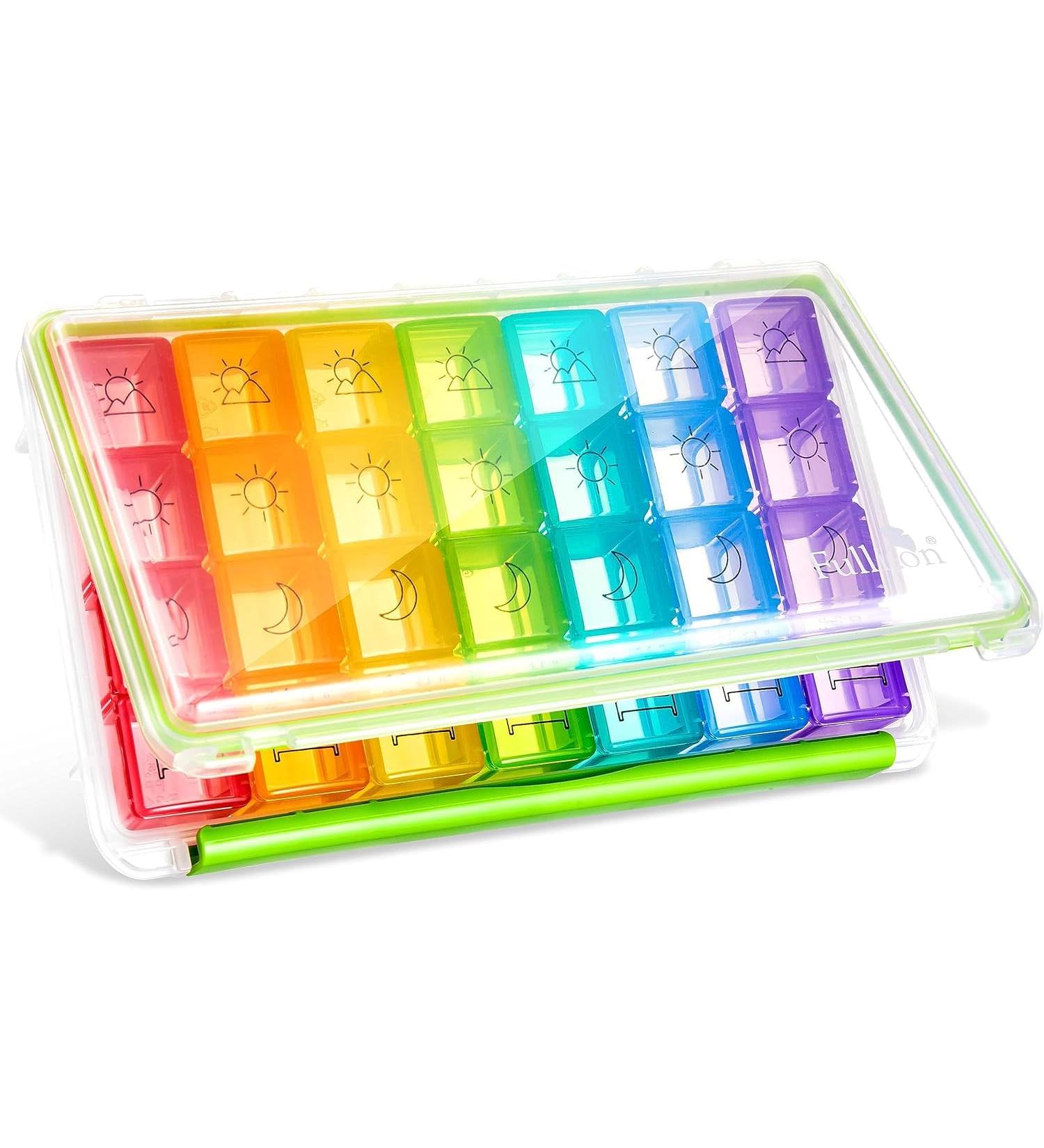 Fullicon Weekly Pill Organizer - 4x Daily 7 Day Travel-Friendly Moisture-Proof Pill Box for Vitamins & Supplements (Clear & Green - Buy Online on GoSupps.com