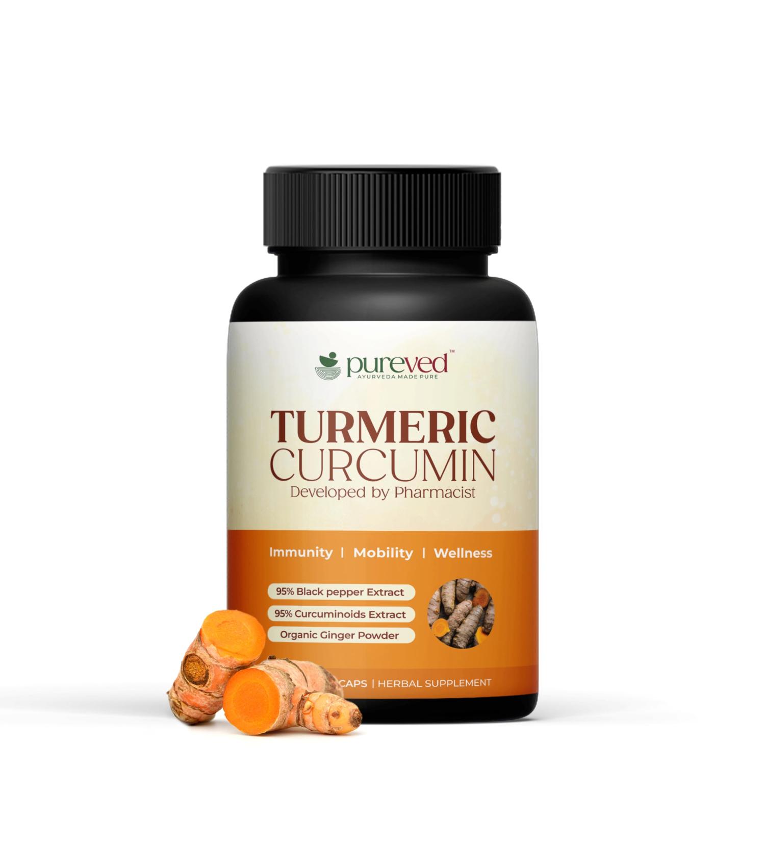 Pureved Turmeric Curcumin 90 Veg Capsules with Black Pepper and Ginger for Better Absorption | 100% Pure & Natural | Made in India - Buy Online on GoSupps.com