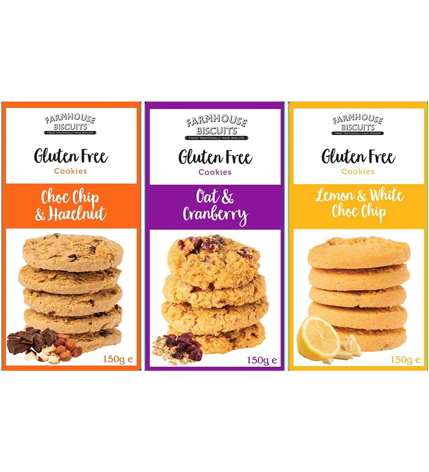 Farmhouse Luxury Biscuits Gluten Free Cookies Selection - Choc Chip & Hazelnut Lemon & White Choc Chip and Oat & Cranberry 150g each Gifting for Hampers - Buy Online on GoSupps.com