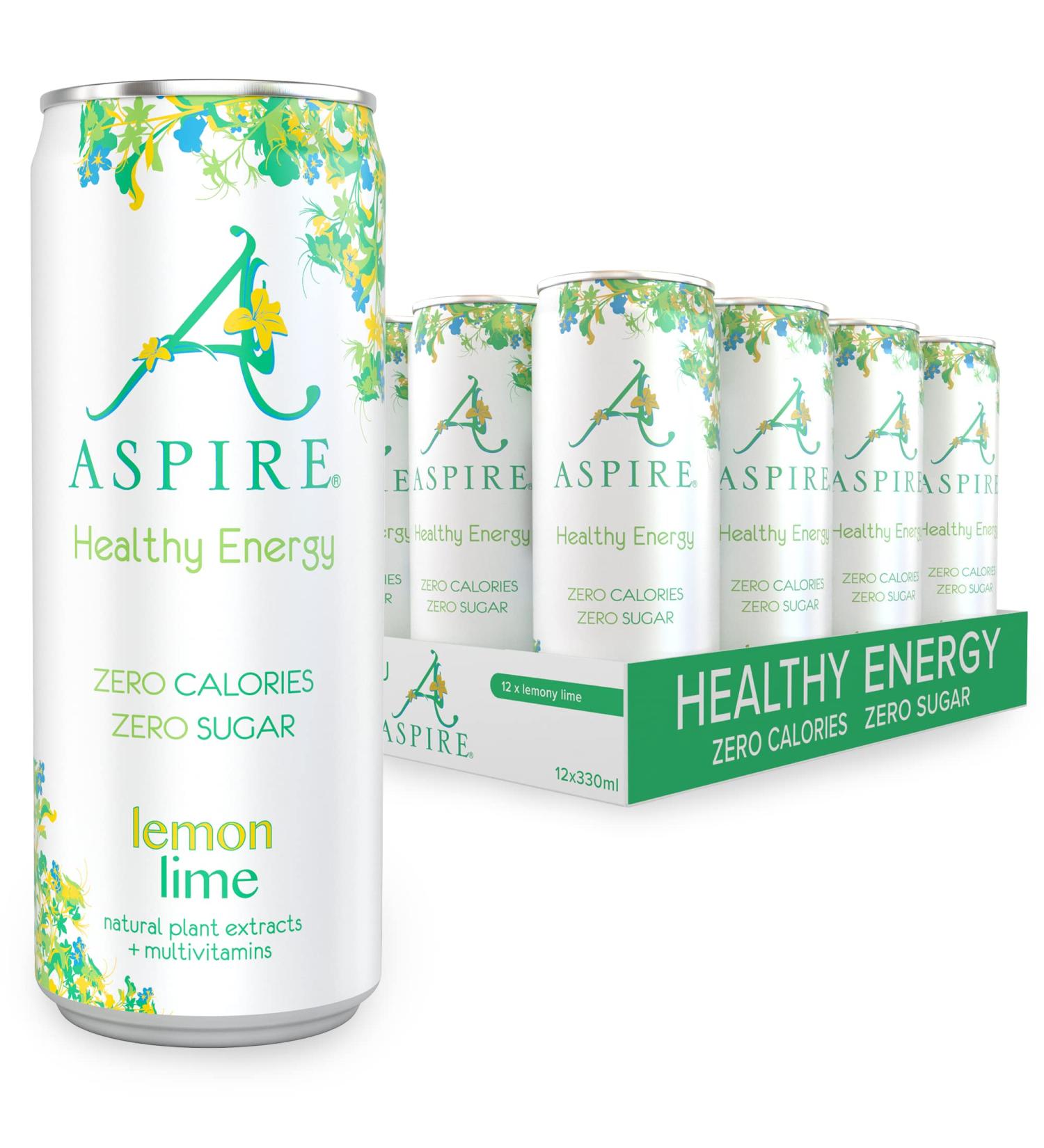 ASPIRE Healthy Energy Drink 12 x 330ml Cans - Zero Calories, Zero Sugar, Plant Based Caffeine & Multivitamins - Vegan & Gluten Free (Lemon/Lime) - Buy Online on GoSupps.com