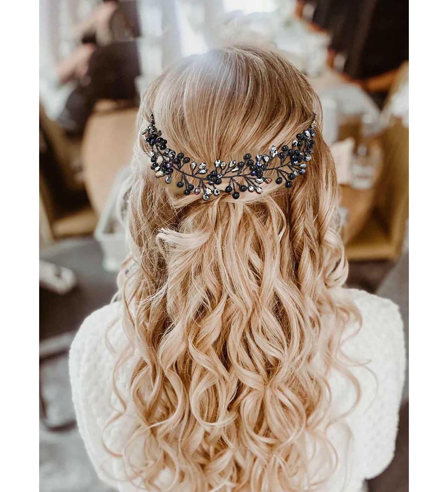 IYOU Crystal Wedding Hair Vines Black Rhinestone Bride Headband Flower Bridal Guest Hair Accessories for Women - Buy Online on GoSupps.com