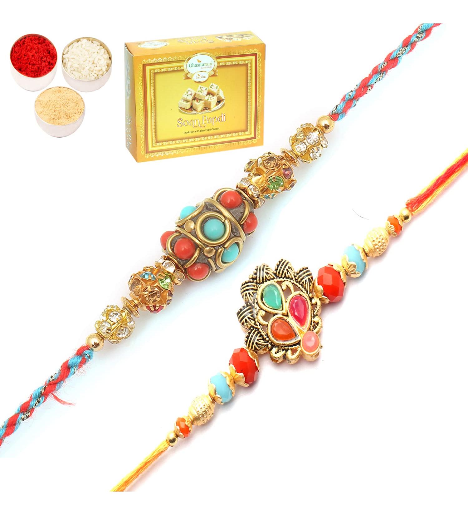 Ghasitaram Gifts Rakhi for Brother Rakhis Online - Set of 2 Beautiful Colours and Blue Ethnic Premium Rakhis with 200 GMS of Soan Papdi - Buy Online on GoSupps.com