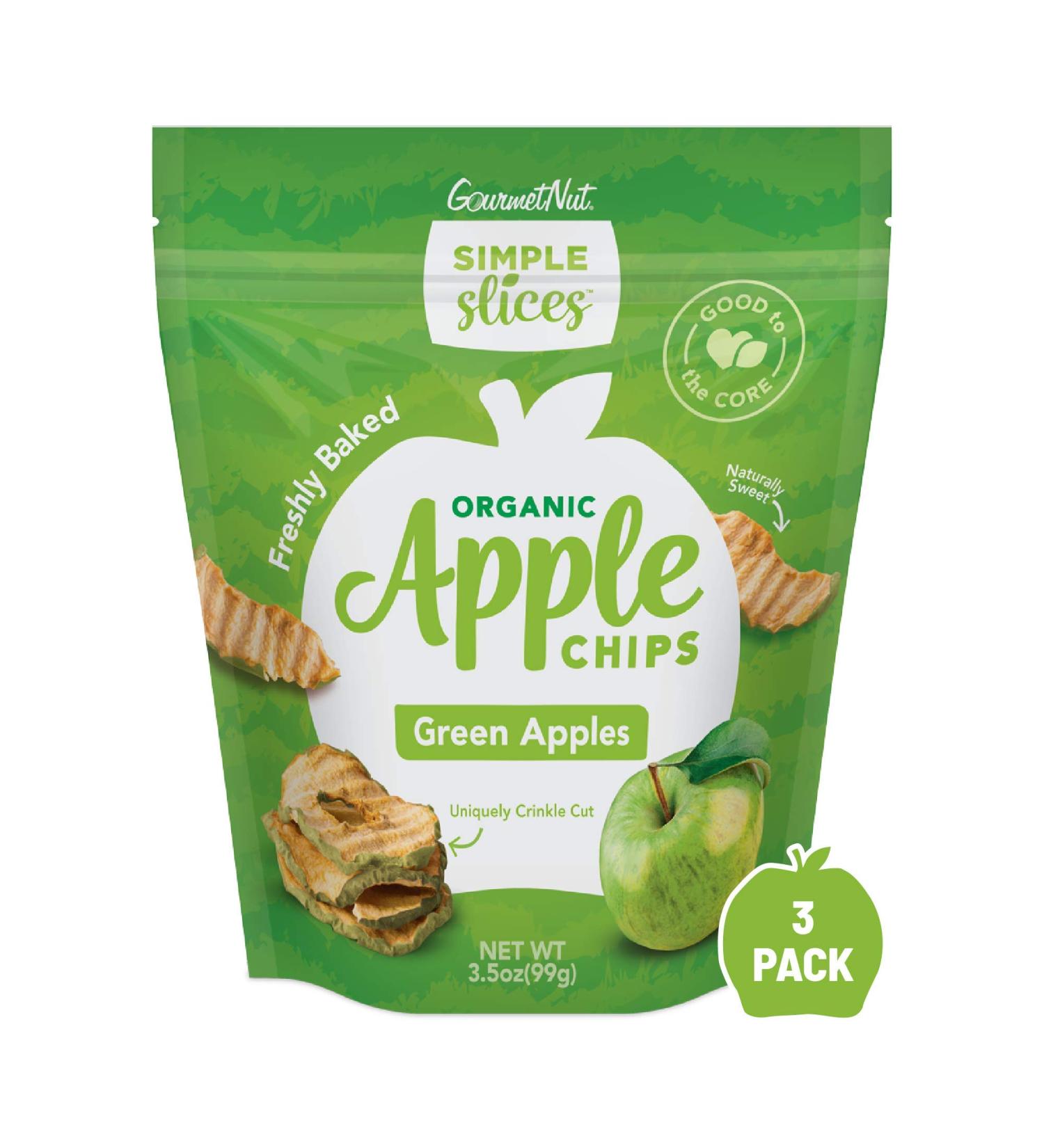 Organic Green Apple Chips - Gourmet Nut Simple Slices Made from USA Grown Apples - No Added Sugar - 3.5oz Bags - Pack of 3 - Buy Online on GoSupps.com