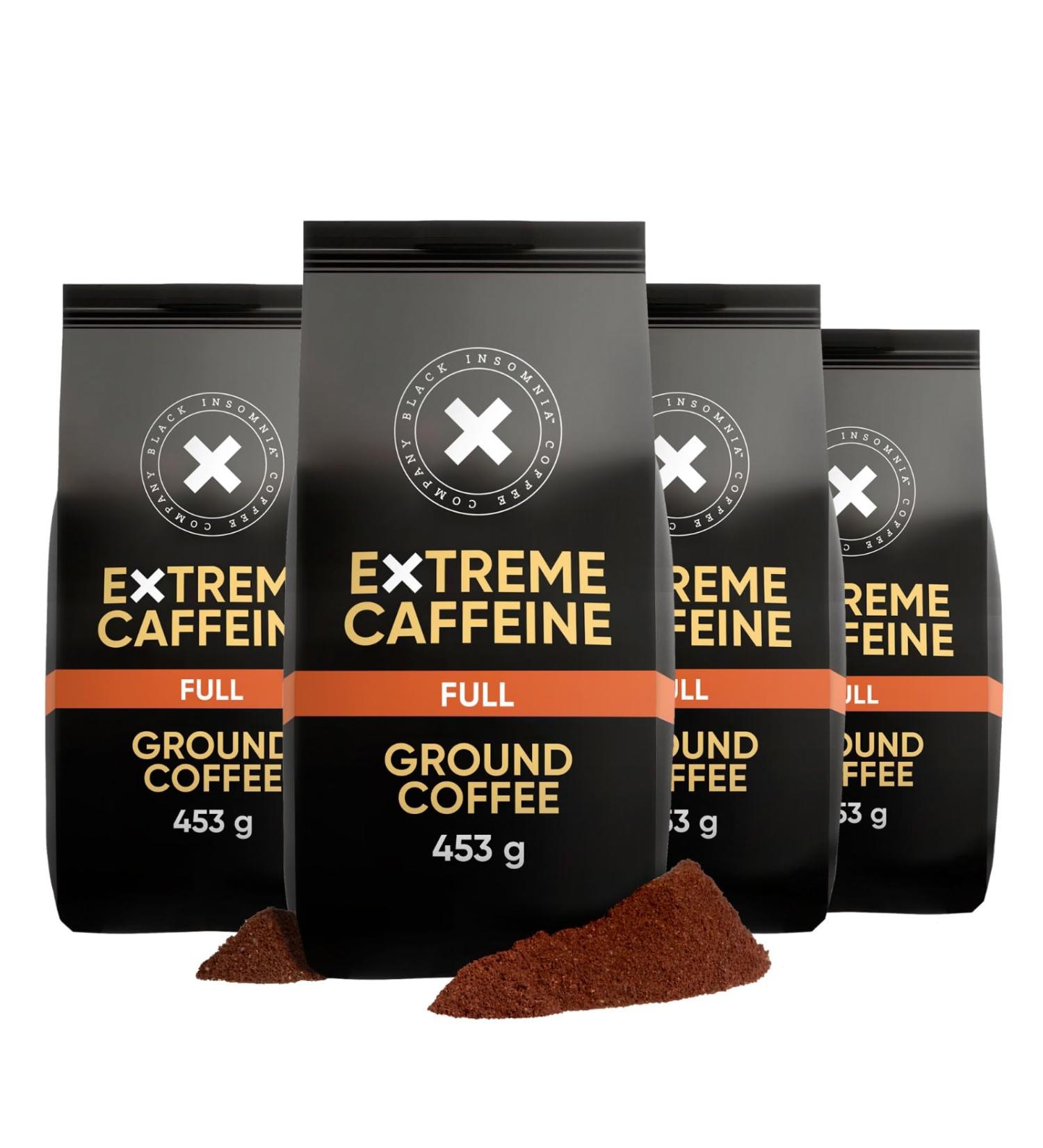 4 x Black Insomnia High Caffeine Ground Coffee I Strongest Coffee in The World for Maximum Energy I 1105mg Caffeine per 12 oz Cup I Low Acid Dark Roast Full Flavour 4 x 453g Full 453 g (Pack of 4) - Buy Online on GoSupps.com