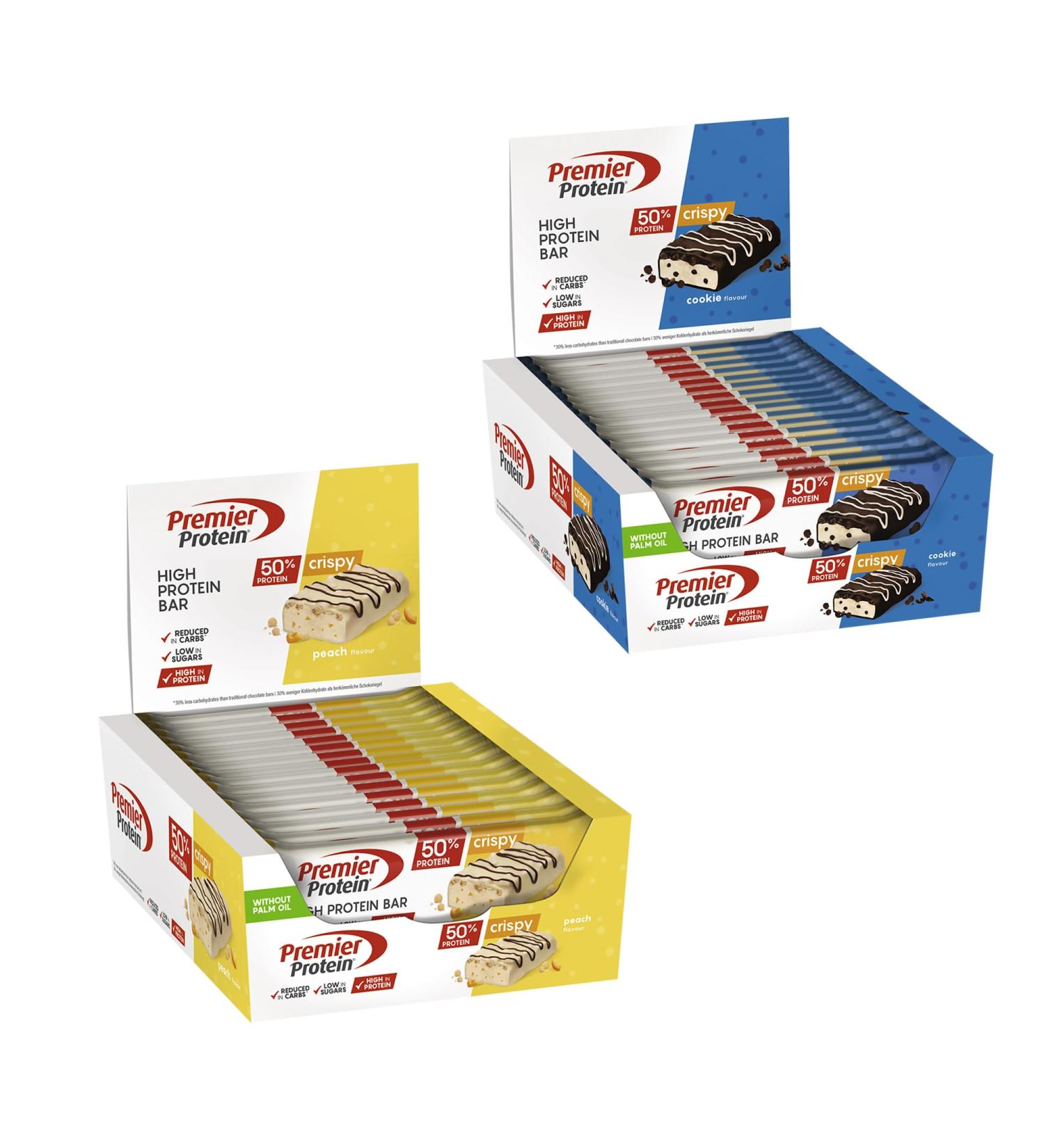 Premier Protein High Protein Bar Crispy Bundle Crispy Peach (16x40g) + Crispy Cookie (16x40g) - Buy Online on GoSupps.com