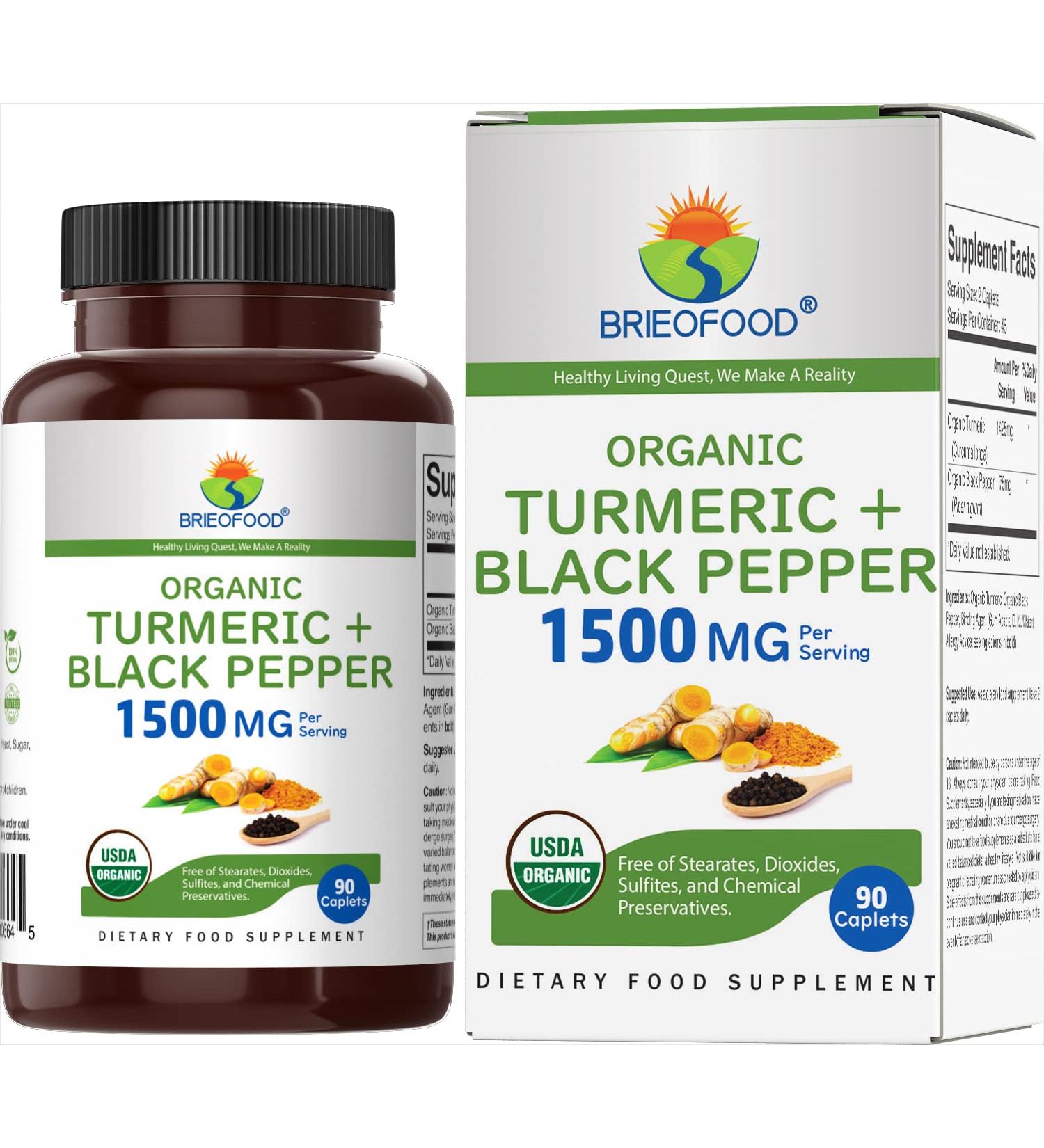Brieofood Organic Turmeric with Black Pepper 1500mg - 45 Servings - Vegetarian - Gluten Free - 90 Tablets - Buy Online on GoSupps.com