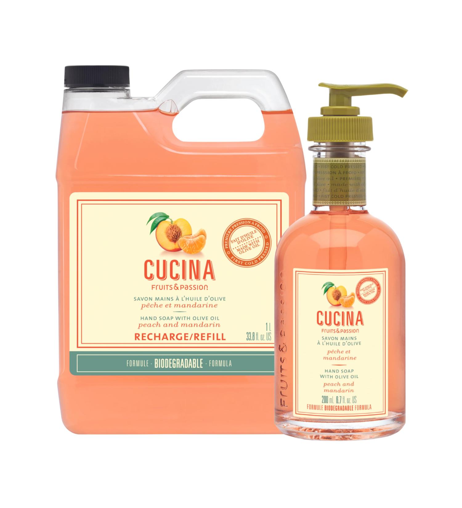 Cucina Peach & Mandarin Hand Soap Set - 200ml Bottle & 1L Refill | International Shipping - Buy Online on GoSupps.com
