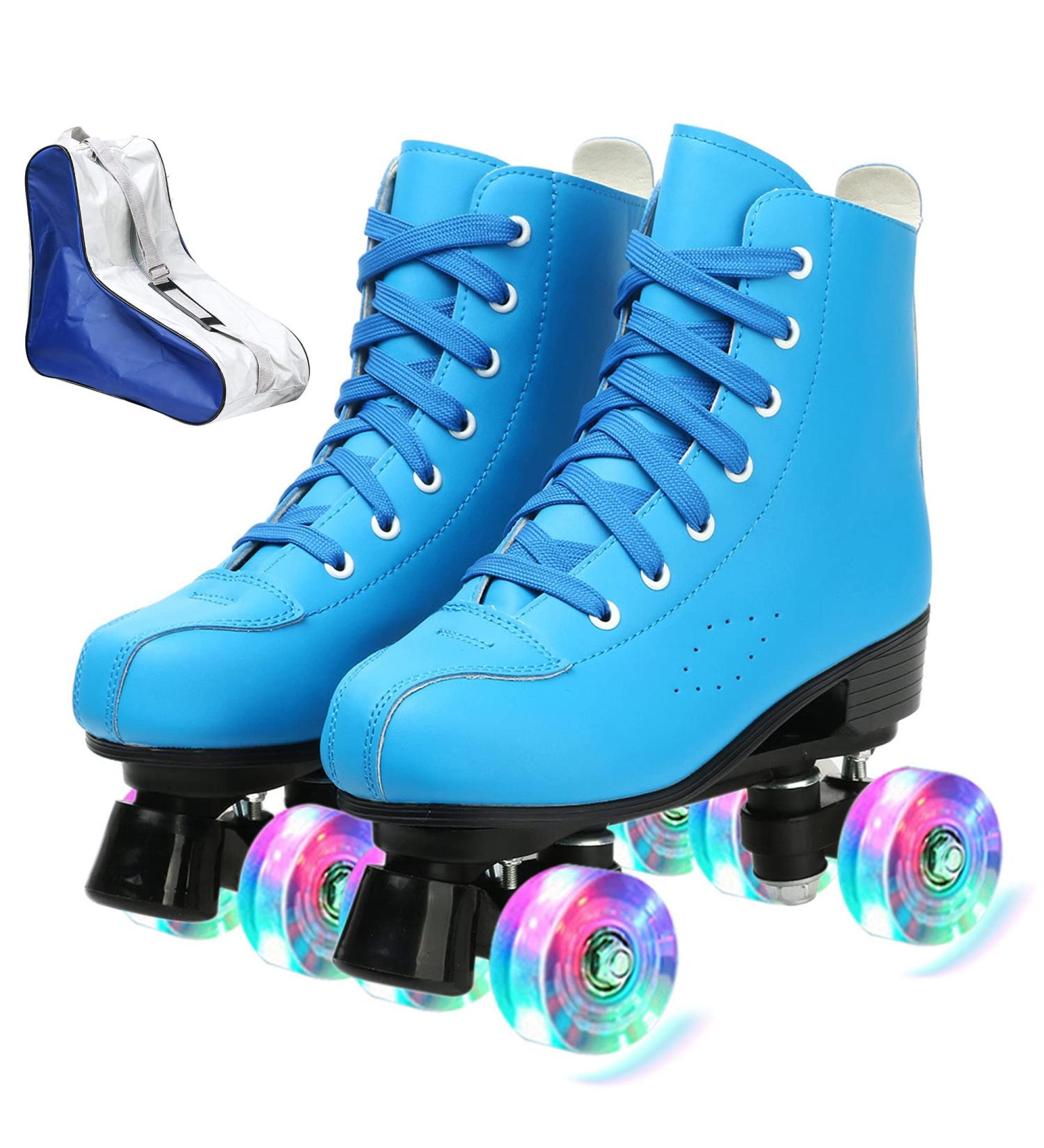 Cozy PU Leather High-top Roller Skates for Men & Women | Double-Row PU Wheels | Professional Indoor Outdoor Skates | Blue Flash (Size 37) - Buy Online on GoSupps.com