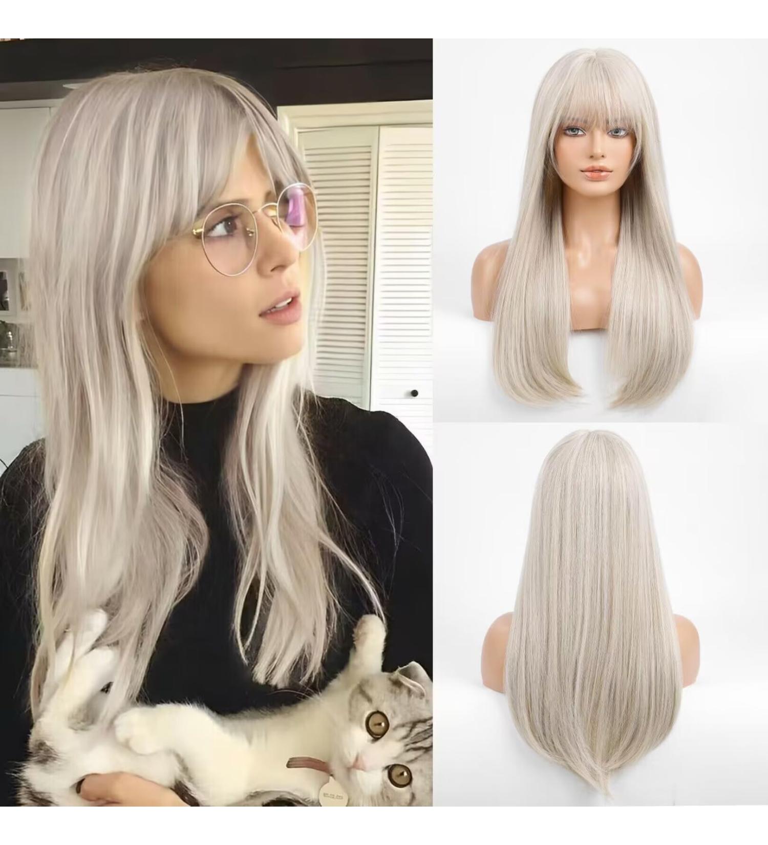 HAIRCUBE Long Grey Wigs for Women - Stylish Straight Wig with Highlights for Daily Wear - Buy Online on GoSupps.com