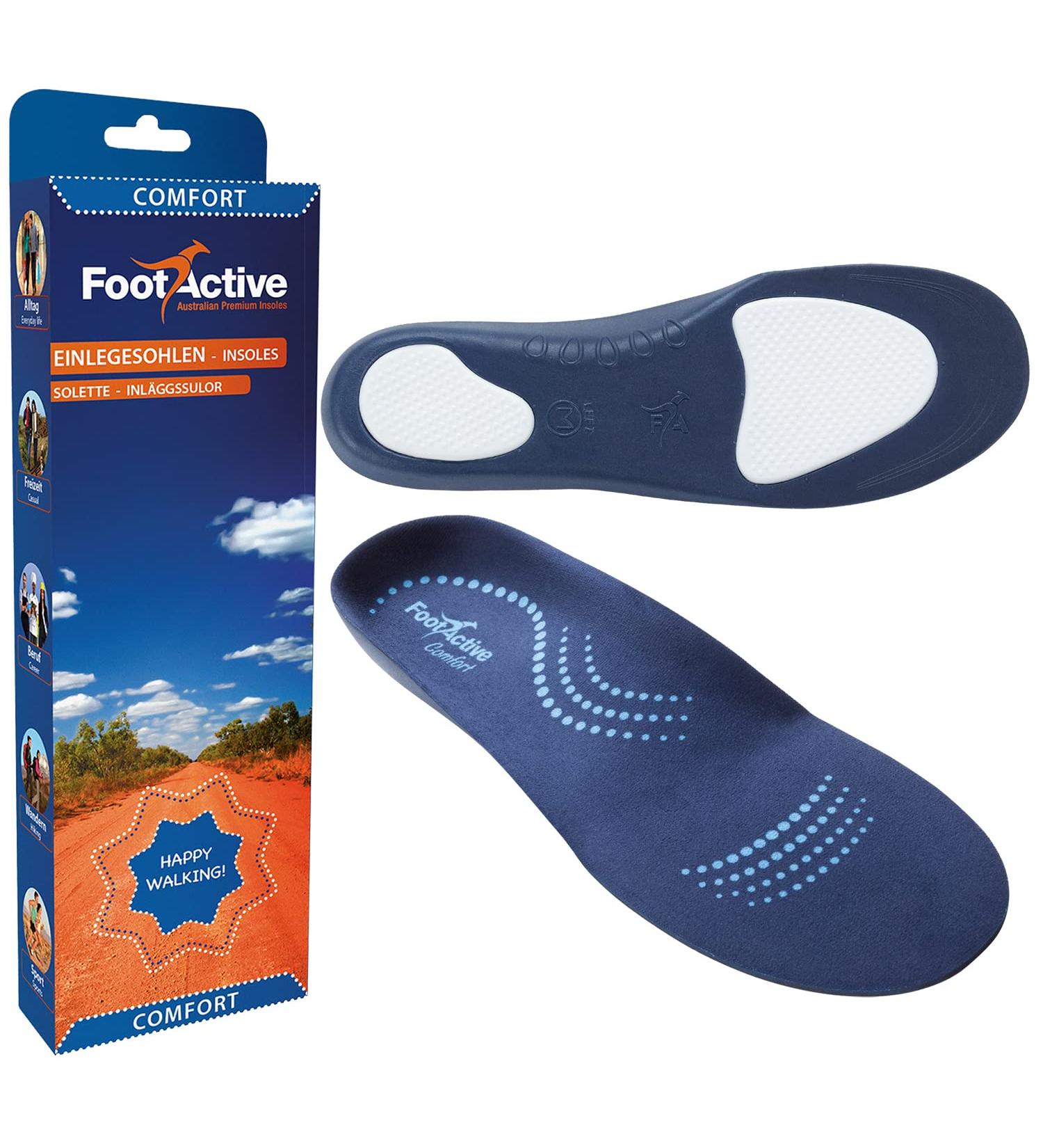 Footactive Comfort Insoles | Orthopedic Support for Heels Feet Knees & Back | Relief from Foot Pain | Blue Size 35-38 (XS) - Buy Online on GoSupps.com