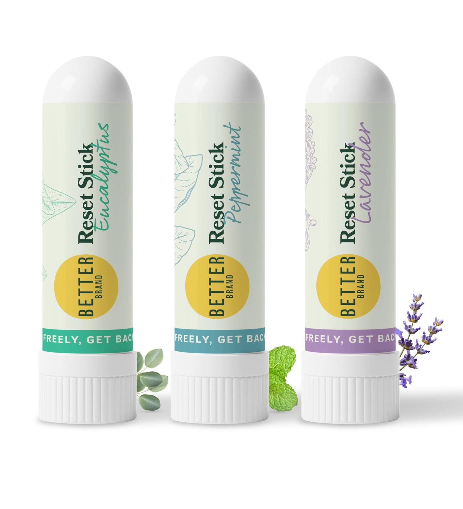 Betterbrand Reset Stick Trio Natural Nasal Inhaler for Congestion Relief, Peppermint, Eucalyptus & Lavender Aromatherapy, Non-Medicated, Travel-Friendly Sinus Support - Pack of 3 - Buy Online on GoSupps.com