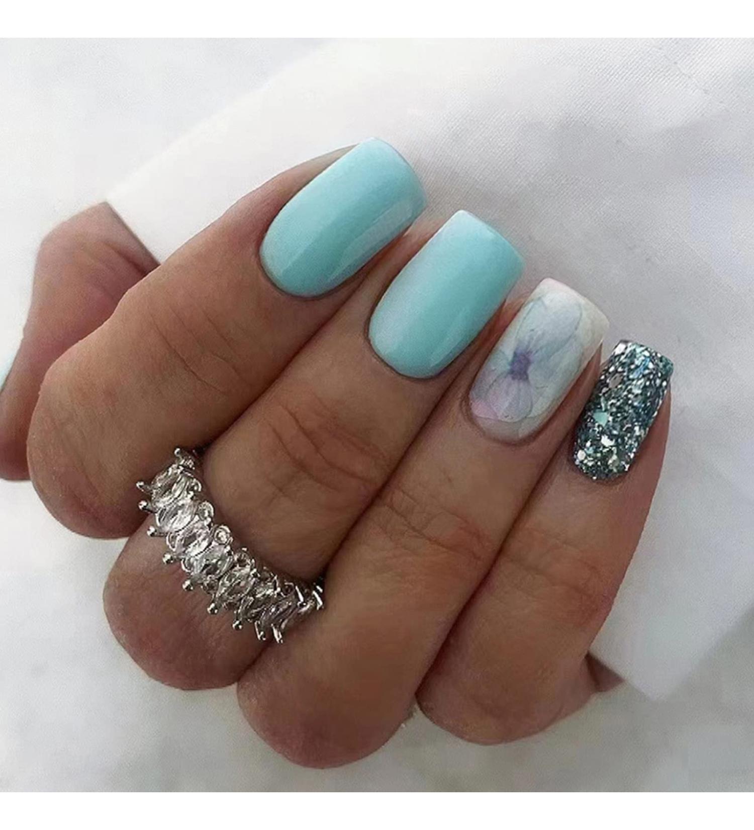 24Pcs Short Light Blue French Tip Press On Nails Set | Glossy Stick On Nails with Glue | Vintage Full Cover False Nails for Women - DIY Manicure - Buy Online on GoSupps.com
