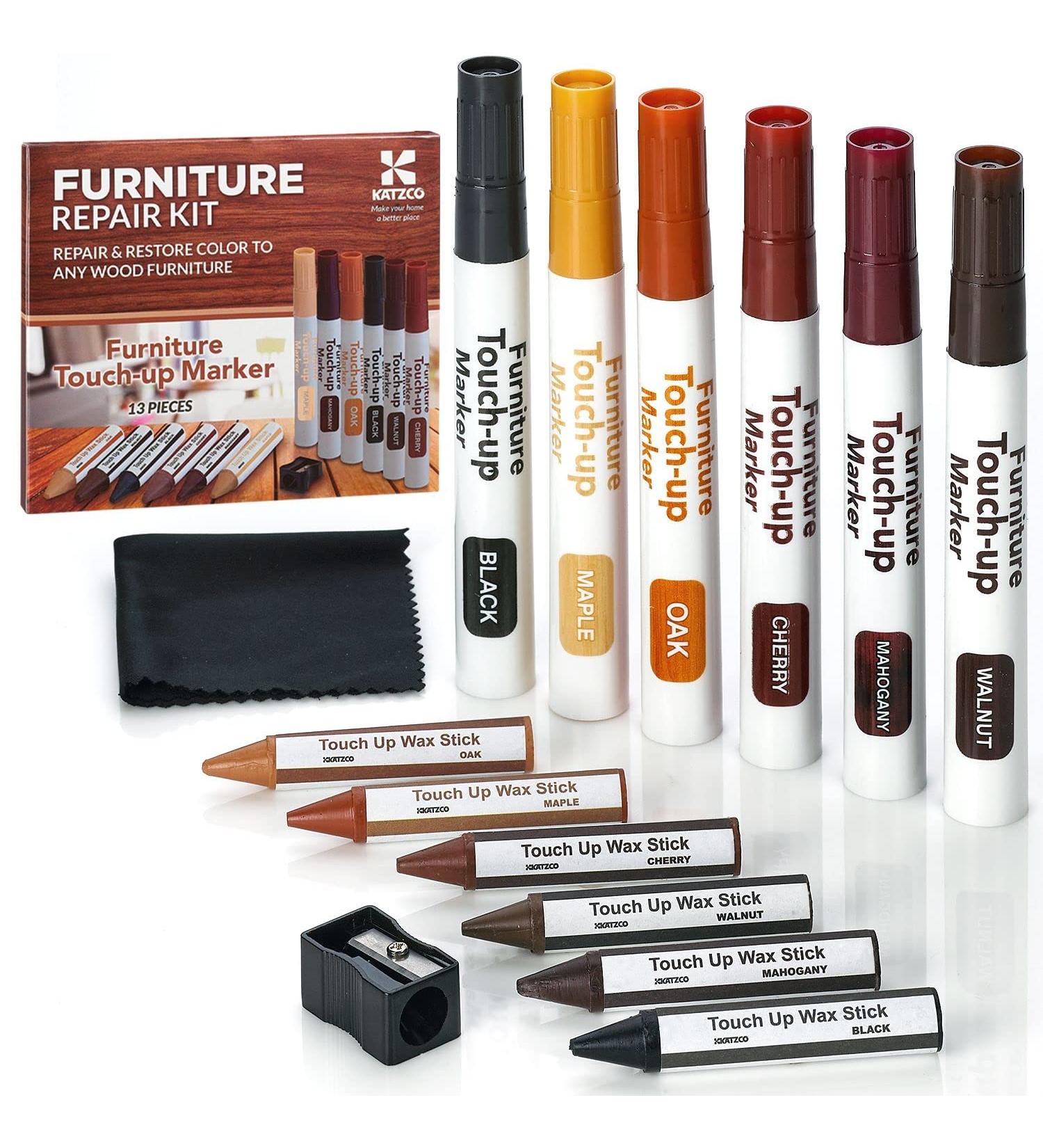 Katzco Furniture Repair Kit Wood Markers Set - 13 Markers and Wax Sticks for Stains, Scratches, Floors, Tables, Desks - Sharpener Included - Ideal for Carpenters, Bedposts, Touch-Ups, Molding Cover-Ups - Buy Online on GoSupps.com