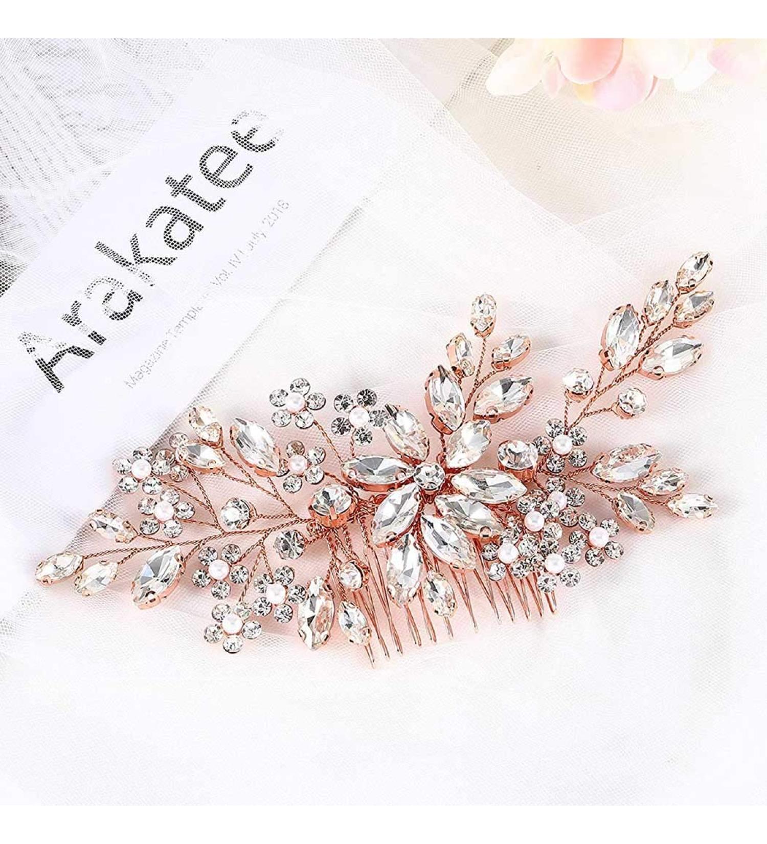 Catery Rose Gold Flower Crystal Bridal Hair Comb & Pearl Side Combs - Elegant Wedding Accessories - Buy Online on GoSupps.com