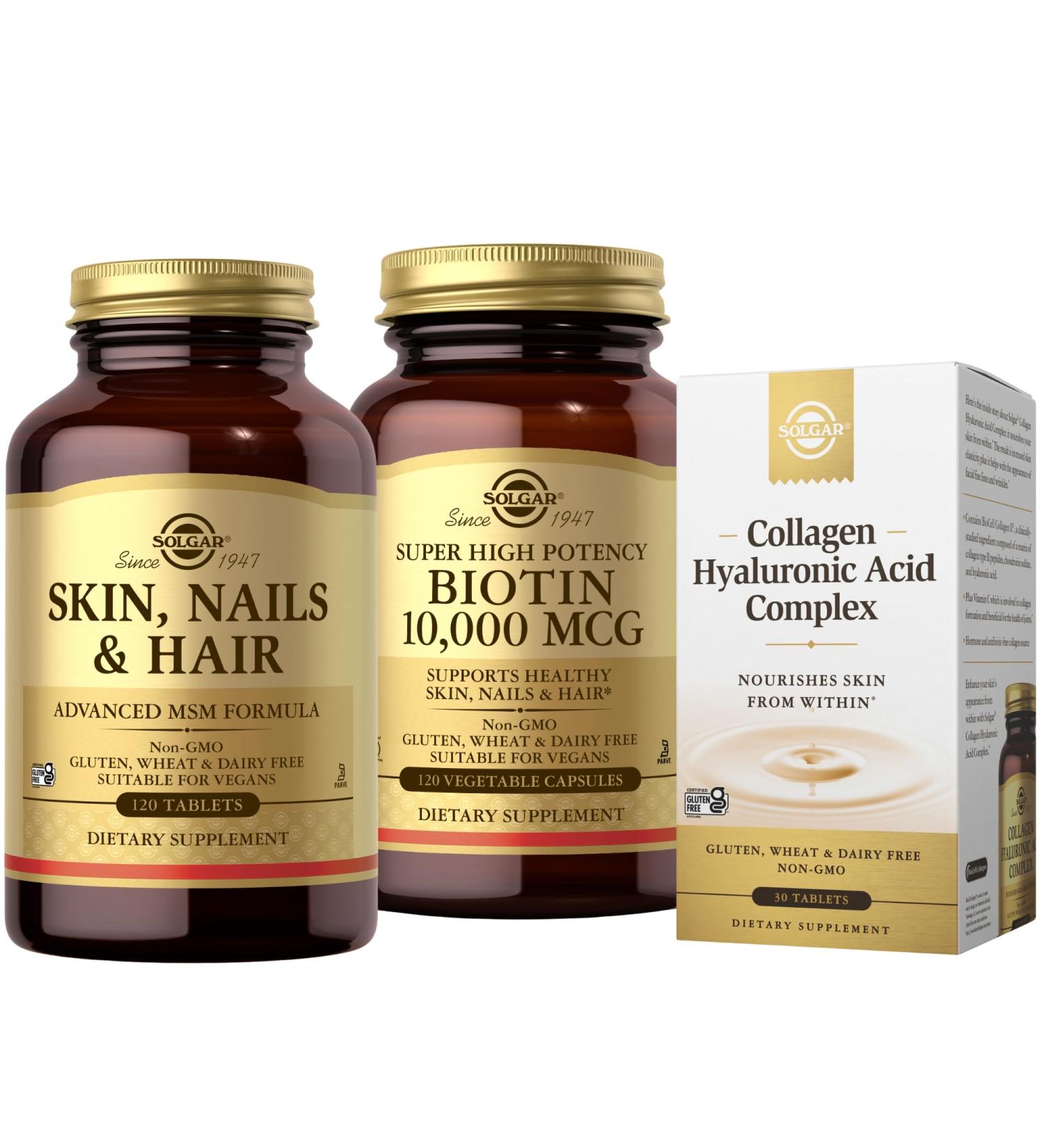 SOLGAR Hair Skin Nails & Collagen Bundle: Skin Nails & Hair Advanced MSM Formula 120 Tablets + Collagen Hyaluronic Acid Complex 30 Tablet + Biotin 10 000 mcg 120 Capsules - Buy Online on GoSupps.com