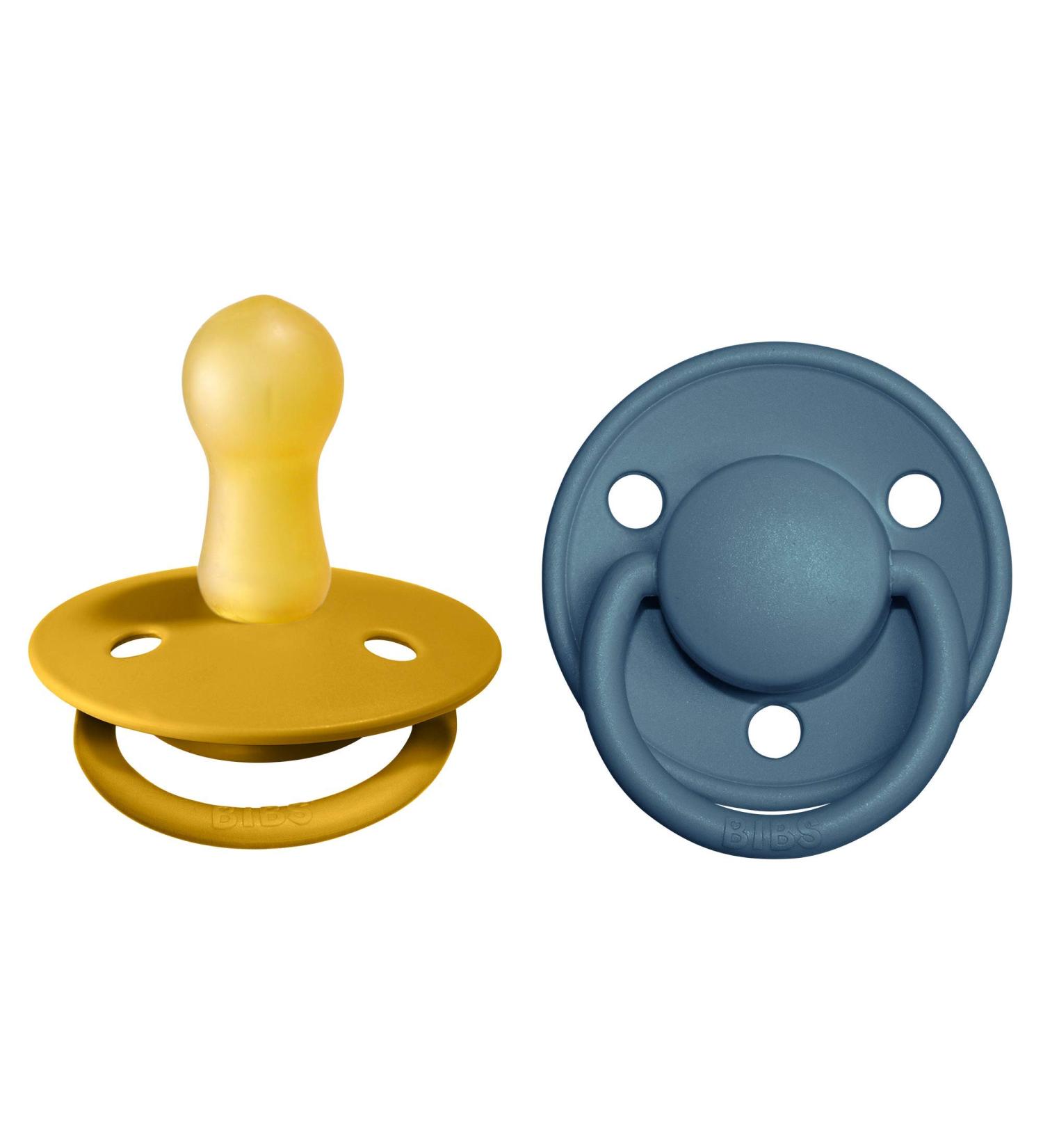 BIBSE de Lux Schnuller 2-Pack | BPA-Free Cherry Shape Nipple | Natural Rubber/Latex | 6-18 Months | Mustard/Petrol | Made in Denmark - Buy Online on GoSupps.com