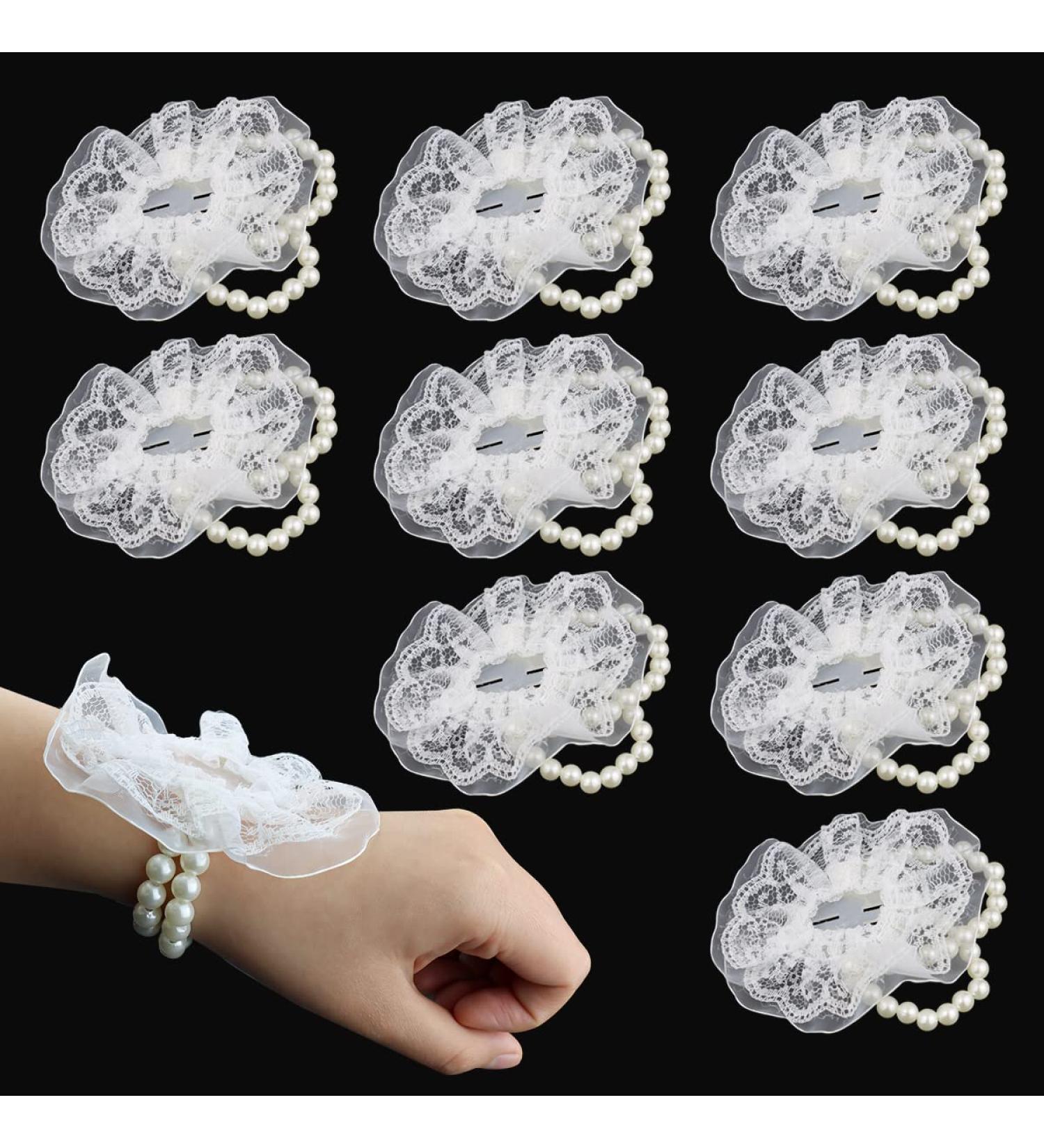 10 Pack Elastic Pearl Wrist Corsage Bands - DIY Wrist Corsages for Bride & Prom - White Lace Accessories - Buy Online on GoSupps.com